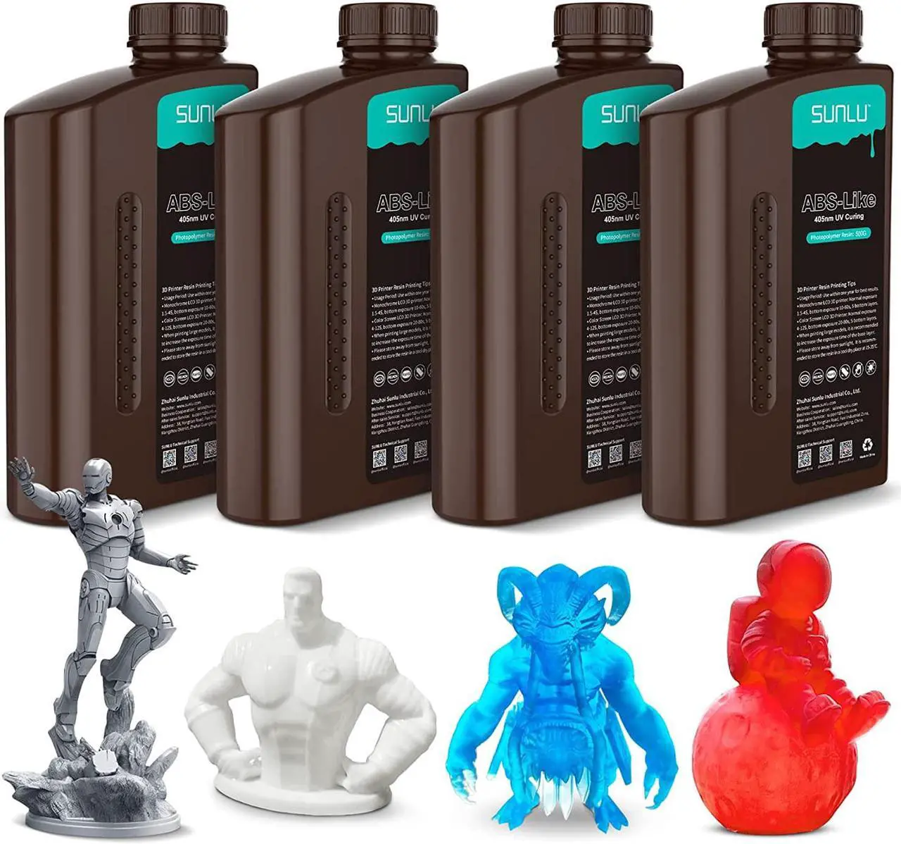 Main image of SUNLU ABS Like 3D Printer Resin Bundle Multicolor, Fast Curing 3D Printing Liquid Photopolymer Resin, 395 to 405nm UV Curing, 2kg in Total, 0.5kg per Bottle, 4 Packs, Grey+White+Clear Blue+Clear Red