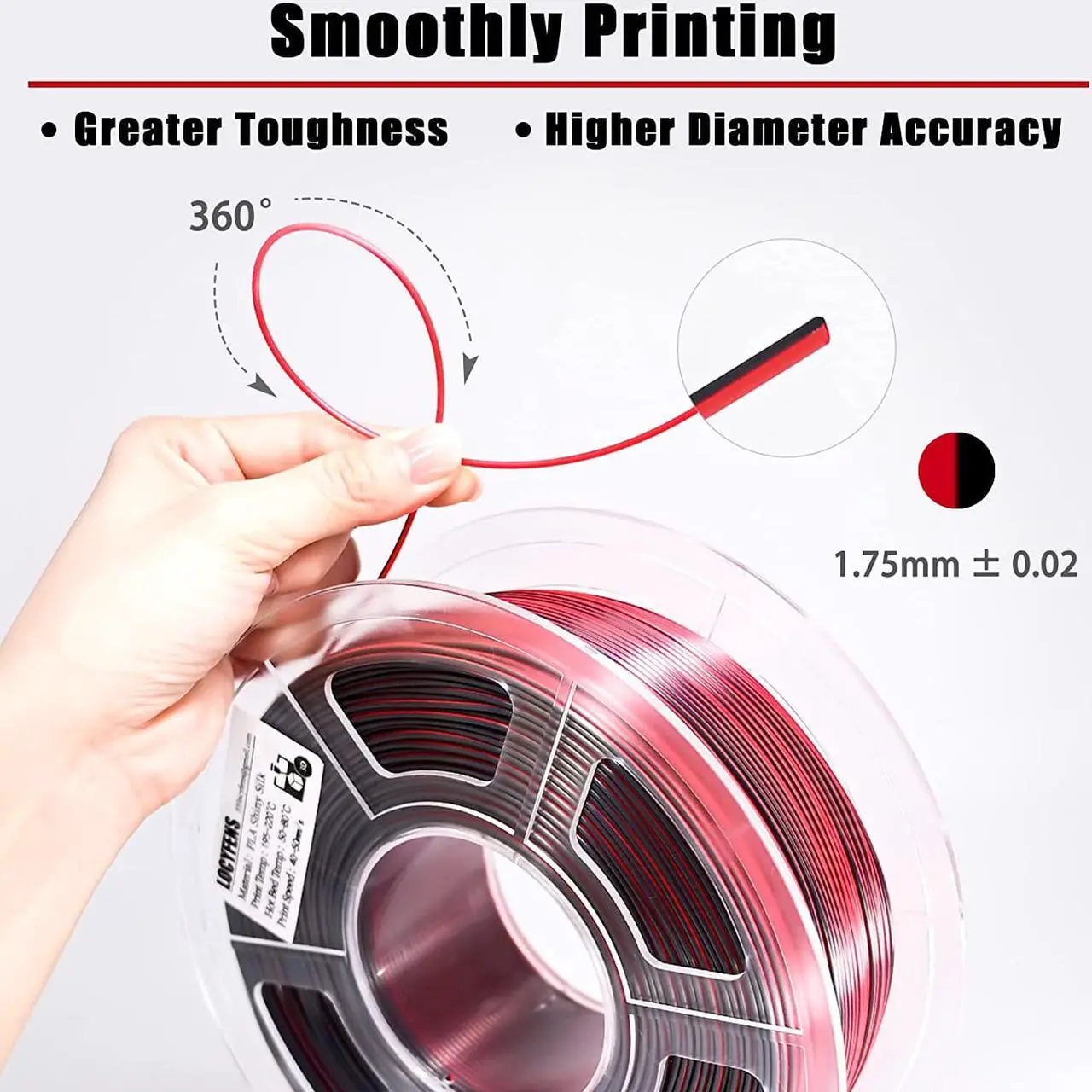 Alt view image 4 of 7 - LOCYFENS PLA Filament 1.75mm, Silk PLA 3D Printer Filament, Dual Color Filament Black Red 2 in 1 Coextrusion 1.75 PLA Filament +/-0.02mm, 1kg/2.2lb