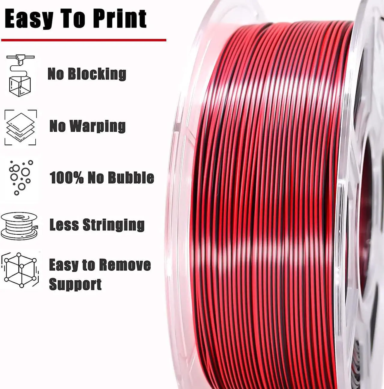 Alt view image 5 of 7 - LOCYFENS PLA Filament 1.75mm, Silk PLA 3D Printer Filament, Dual Color Filament Black Red 2 in 1 Coextrusion 1.75 PLA Filament +/-0.02mm, 1kg/2.2lb