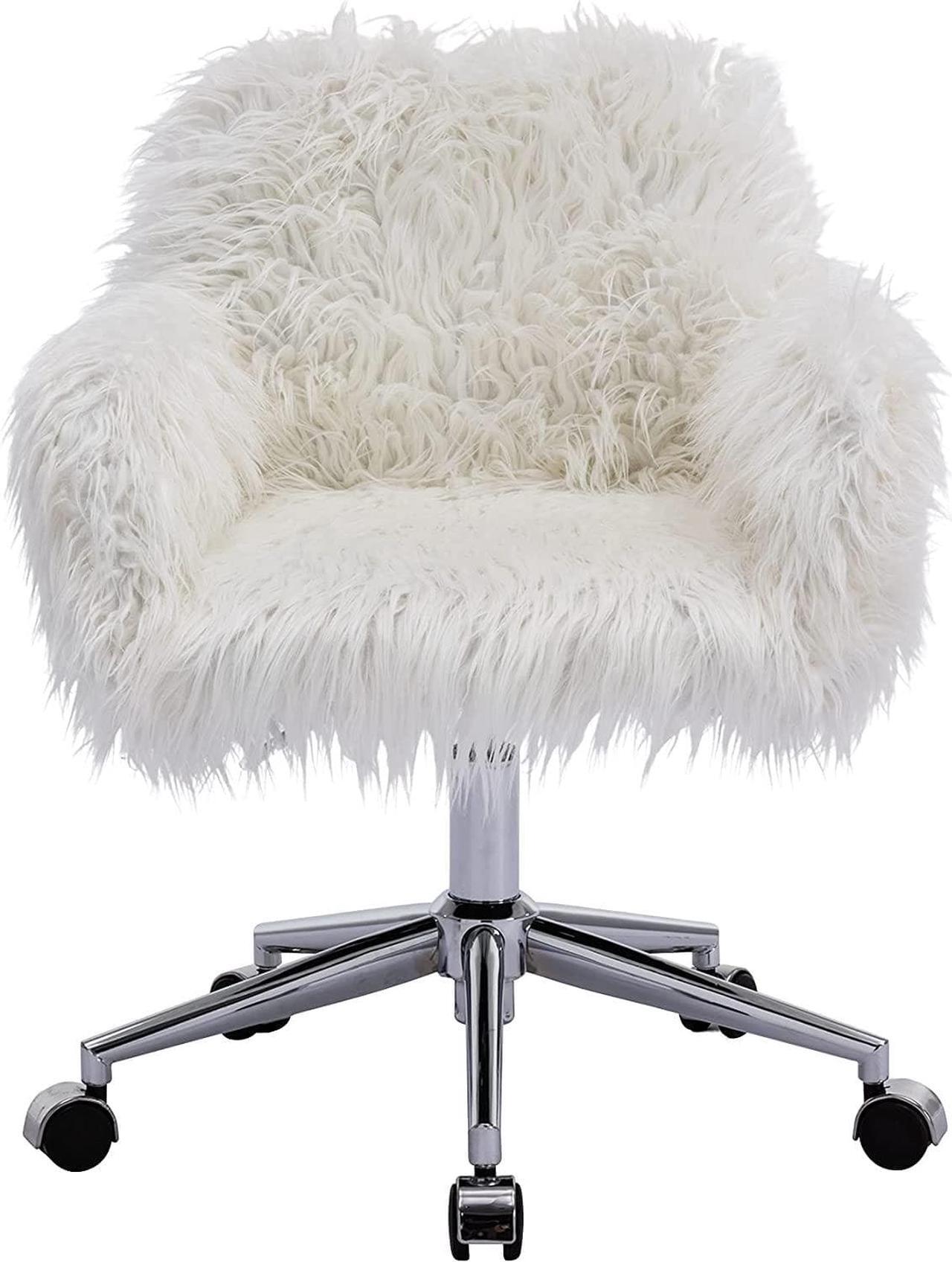 Main image of HomVent Fluffy Desk Chair White Faux Fur Vanity Chair Adjustable Swivel Computer Chair on Wheels Height Adjustable Cute Desk Chair for Makeup Room Teen Girls Bedroom Home Office (White)
