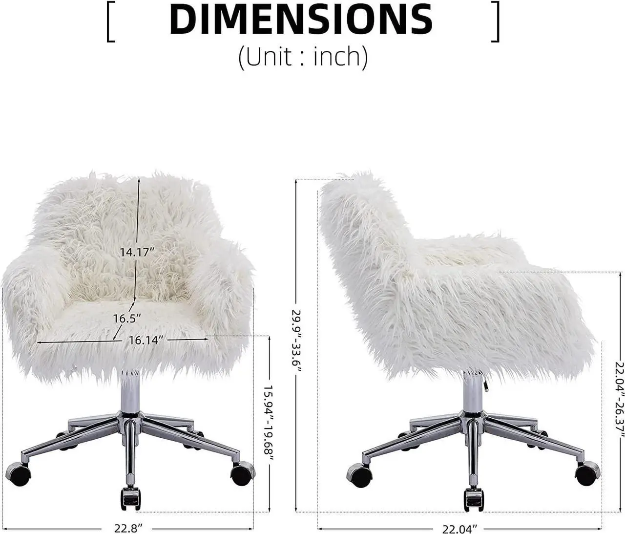 Alt view image 3 of 7 - KCC Fluffy Office Desk Chair, Faux Fur Modern Swivel Armchair with Wheels, Soft Comfy Fuzzy Elegant Accent Makeup Vanity Chairs for Women Girls, Home Living Dressing Room Bedroom, White