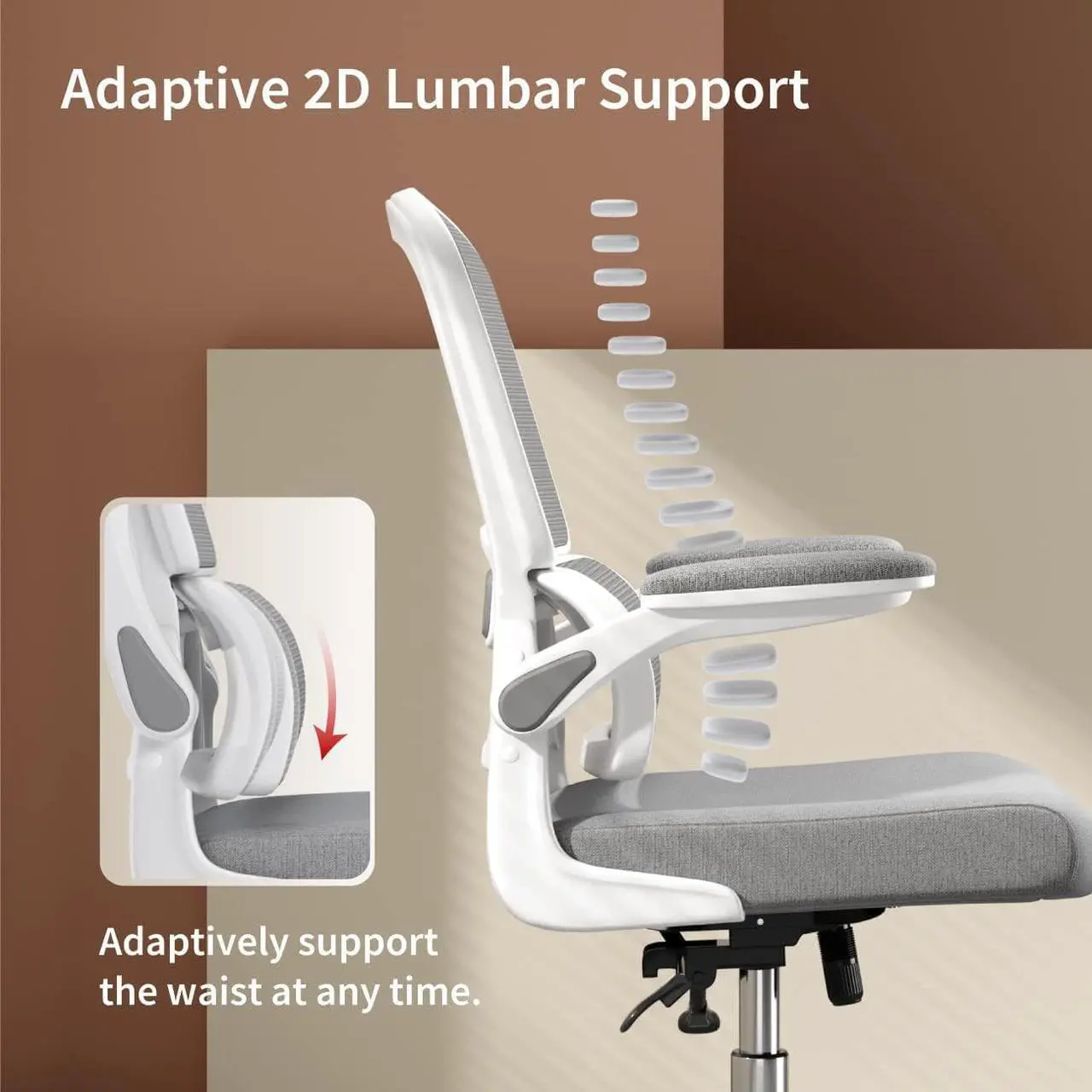 Alt view image 2 of 7 - Logicfox Ergonomic Office Chair, Comfortable Office Chair with Flip-up Arms, Adaptive Lumbar Support, Mesh Computer Chair with Thick Cushion, White Office Desk Chair with 90°-130° Tilt Function