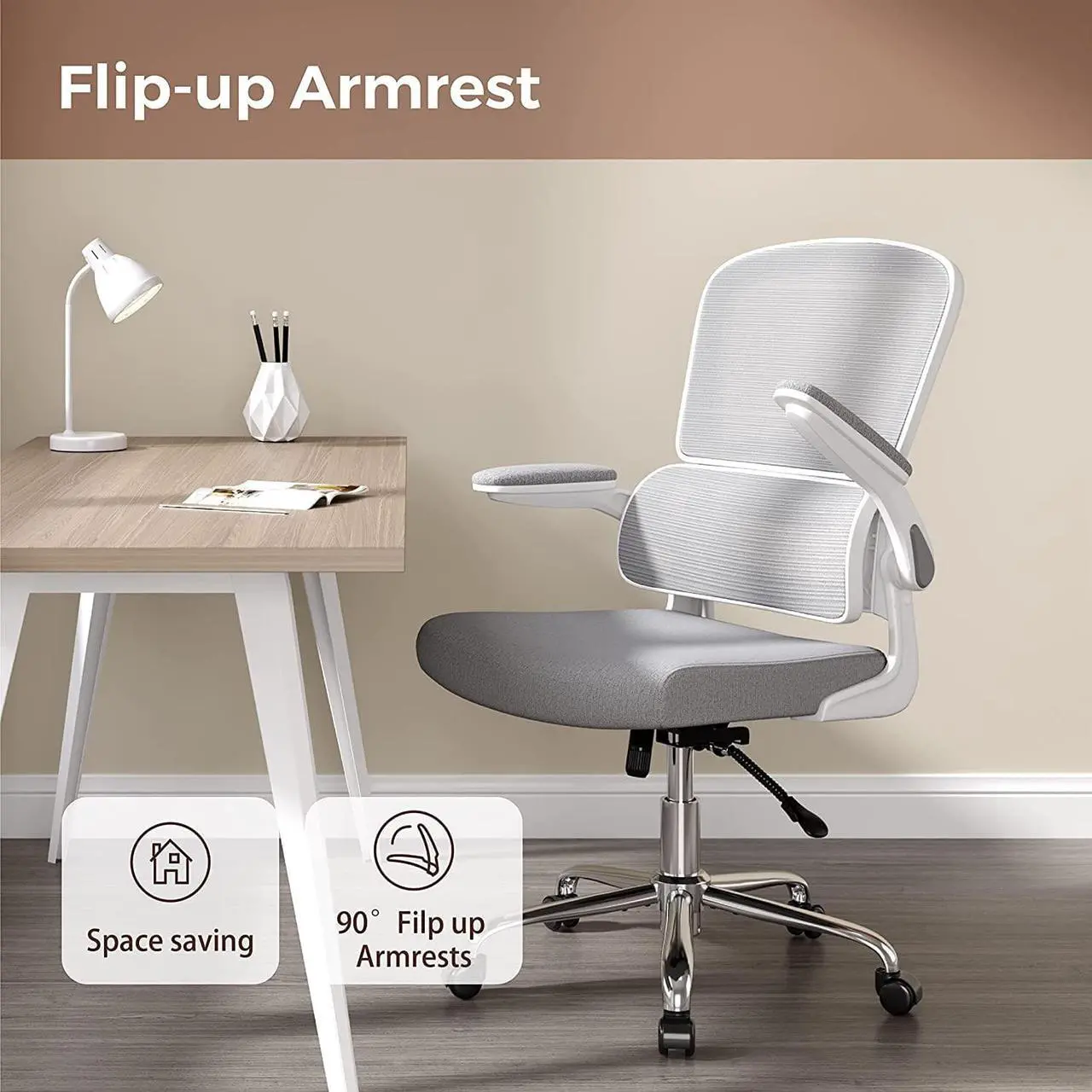 Alt view image 3 of 7 - Logicfox Ergonomic Office Chair, Comfortable Office Chair with Flip-up Arms, Adaptive Lumbar Support, Mesh Computer Chair with Thick Cushion, White Office Desk Chair with 90°-130° Tilt Function