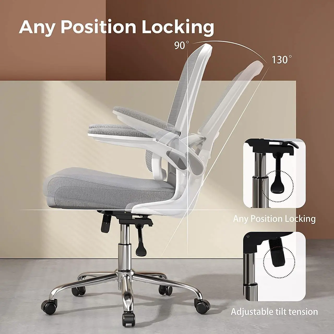 Alt view image 4 of 7 - Logicfox Ergonomic Office Chair, Comfortable Office Chair with Flip-up Arms, Adaptive Lumbar Support, Mesh Computer Chair with Thick Cushion, White Office Desk Chair with 90°-130° Tilt Function