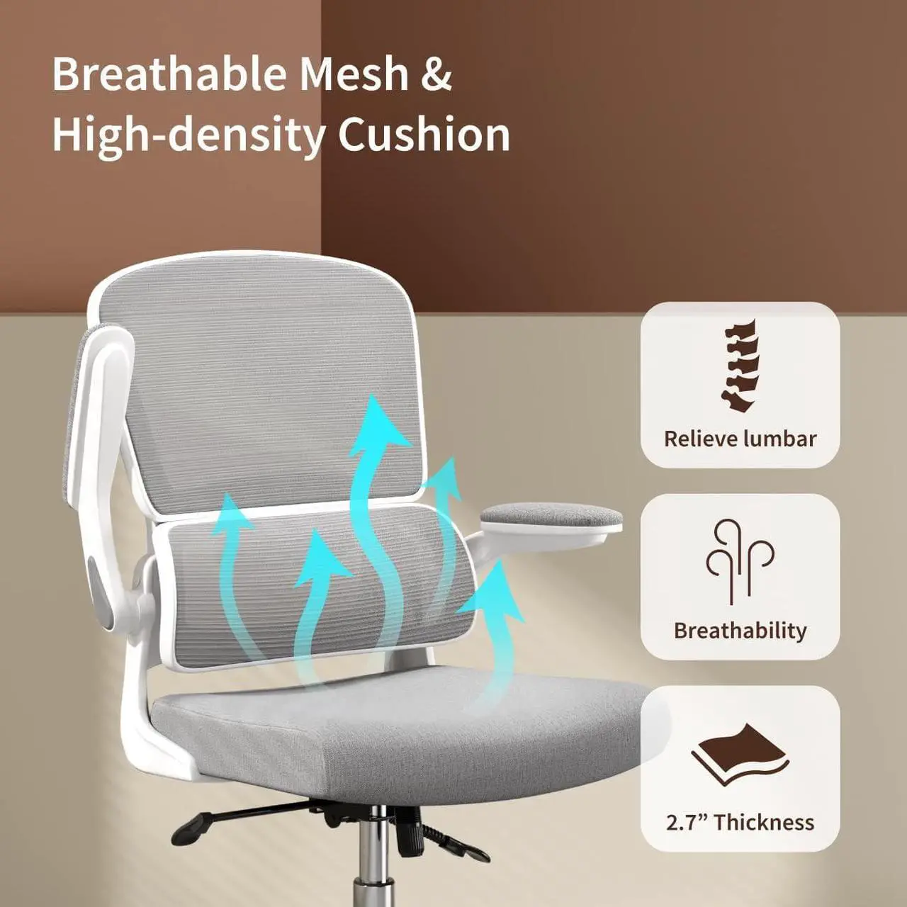 Alt view image 5 of 7 - Logicfox Ergonomic Office Chair, Comfortable Office Chair with Flip-up Arms, Adaptive Lumbar Support, Mesh Computer Chair with Thick Cushion, White Office Desk Chair with 90°-130° Tilt Function
