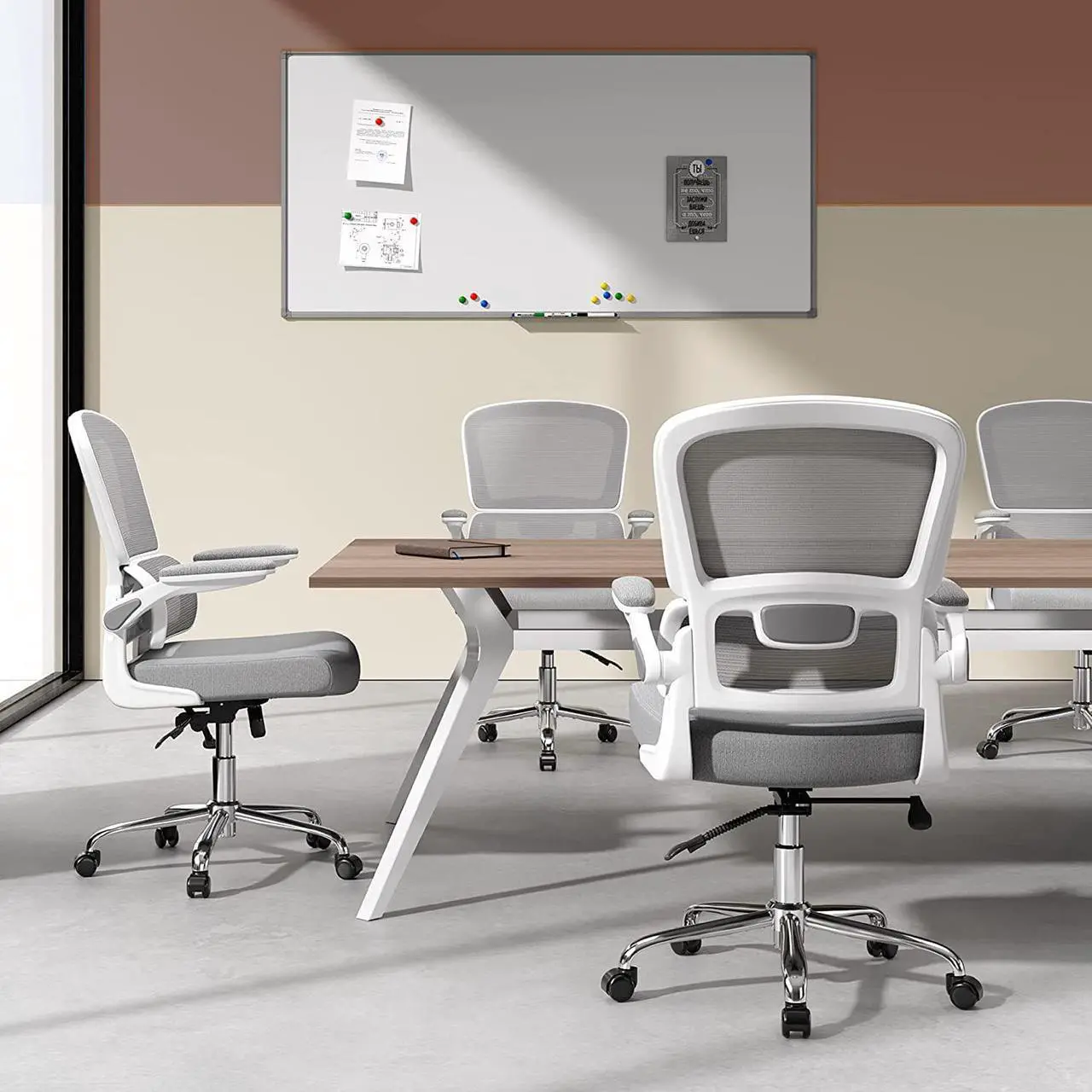 Alt view image 6 of 7 - Logicfox Ergonomic Office Chair, Comfortable Office Chair with Flip-up Arms, Adaptive Lumbar Support, Mesh Computer Chair with Thick Cushion, White Office Desk Chair with 90°-130° Tilt Function