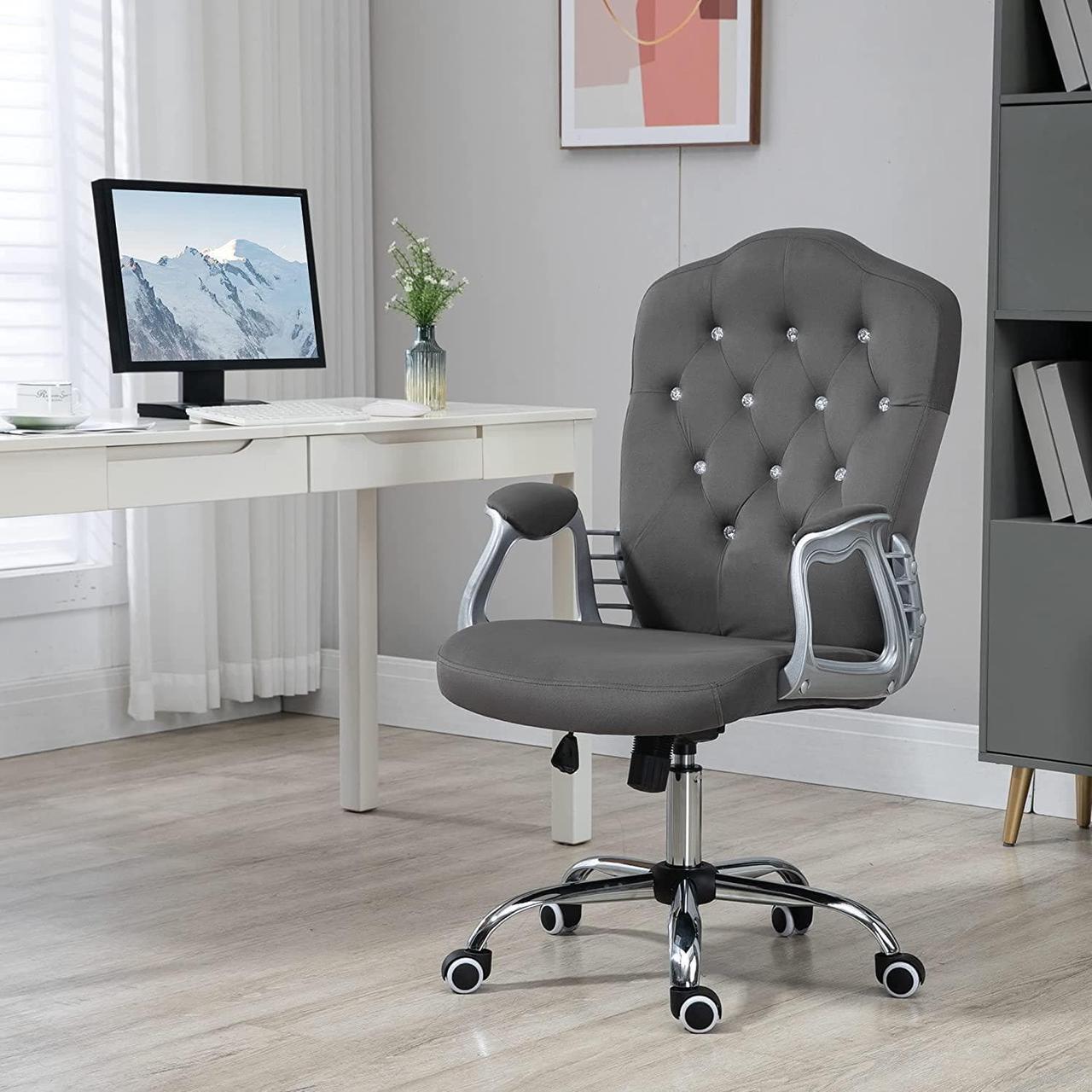 Alt view image 2 of 7 - Vinsetto Home Office Chair, Velvet Computer Chair, Button Tufted Desk Chair with Swivel Wheels, Adjustable Height, and Tilt Function, Dark Gray