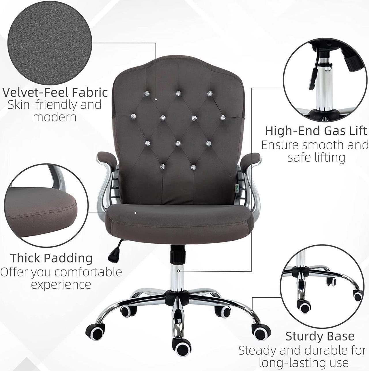 Alt view image 7 of 7 - Vinsetto Home Office Chair, Velvet Computer Chair, Button Tufted Desk Chair with Swivel Wheels, Adjustable Height, and Tilt Function, Dark Gray