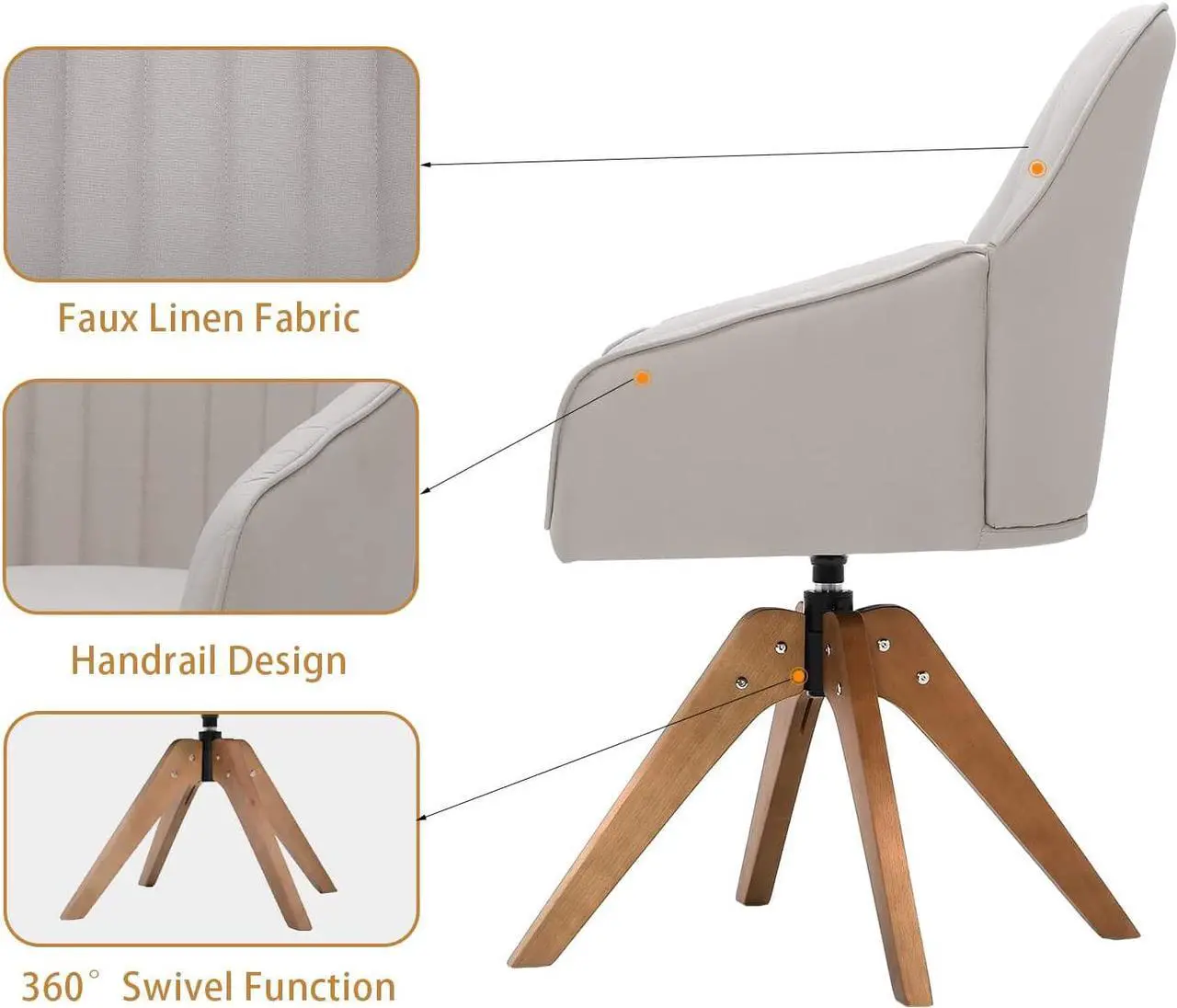 Alt view image 3 of 7 - Furniliving 36.8'' Mid Century Modern Swivel Accent Chair for Living Room, Wood Desk Chair with Arms Mid Back Arm Chairs Upholstered Home Office Chair No Wheels for Home Office/Bedroom, Beige