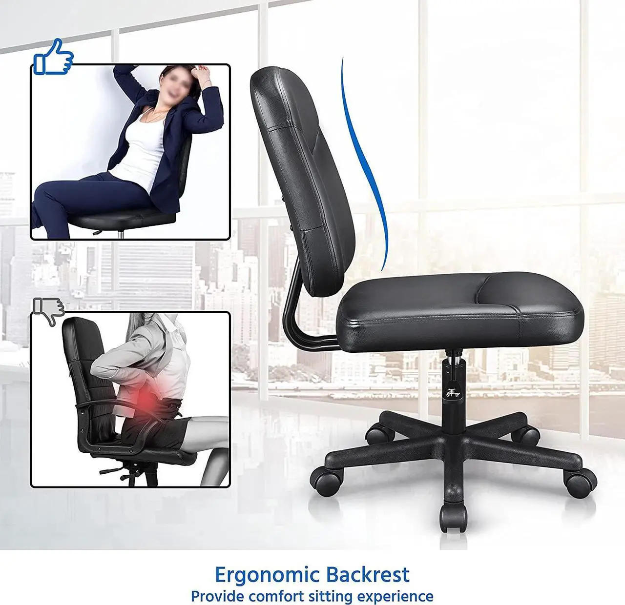 Alt view image 6 of 7 - Topeakmart Task Desk Chair Height Adjustable Chair Computer Faux Leather Chair Without Arms, Black