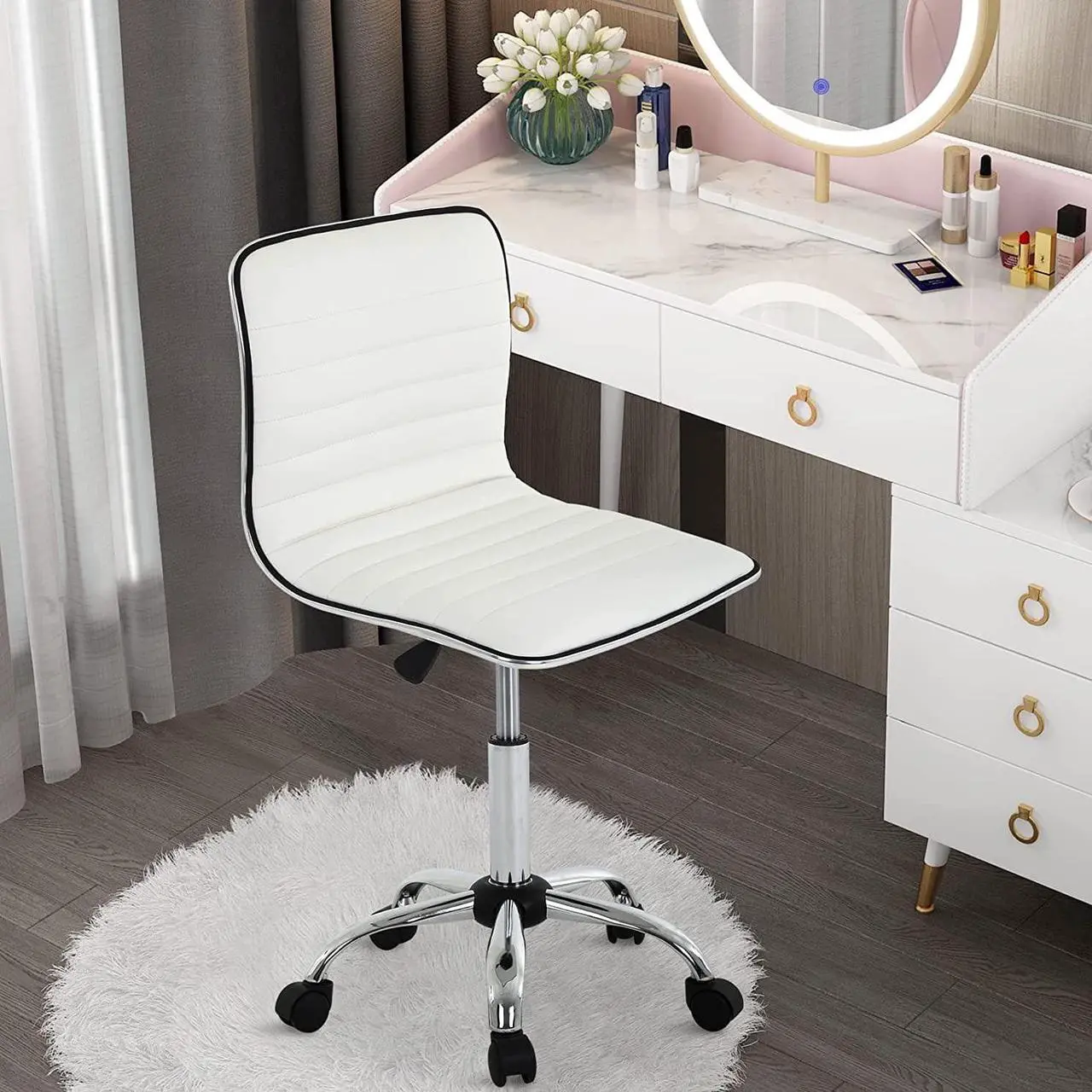 Main image of Small Task Chair for Women, Low Back Armless PU Leather Ribbed Computer Executive Cute Desk Chair with Wheels, Rolling Vanity Makeup Chair Silla para Mujer for Makeup Room