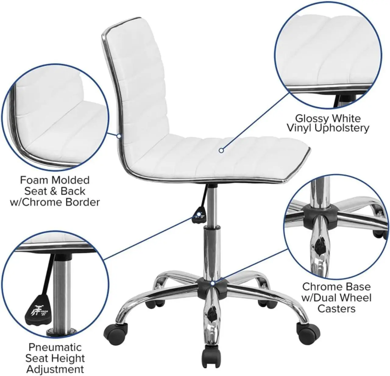 Alt view image 3 of 7 - Small Task Chair for Women, Low Back Armless PU Leather Ribbed Computer Executive Cute Desk Chair with Wheels, Rolling Vanity Makeup Chair Silla para Mujer for Makeup Room