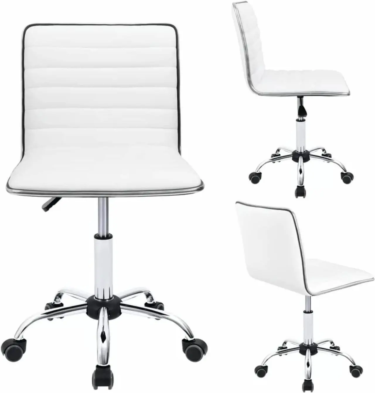 Alt view image 7 of 7 - Small Task Chair for Women, Low Back Armless PU Leather Ribbed Computer Executive Cute Desk Chair with Wheels, Rolling Vanity Makeup Chair Silla para Mujer for Makeup Room