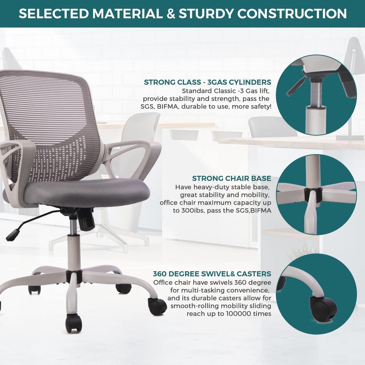 Alt view image 5 of 7 - SMUG Home Office Chair Ergonomic Computer Desk Chair Mesh Mid-Back Height Adjustable Swivel Chair with Armrest, Grey, Welcome to consult