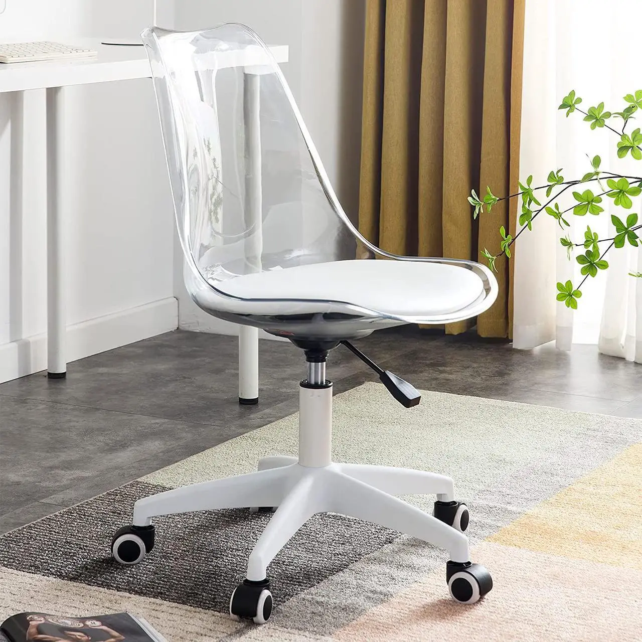 Main image of Acrylic Clear Desk Chair Modern Home Office Ghost Chairs with Wheels Cute Armless Rolling Vanity Plastic Chair with Adjustable Height (Clear)