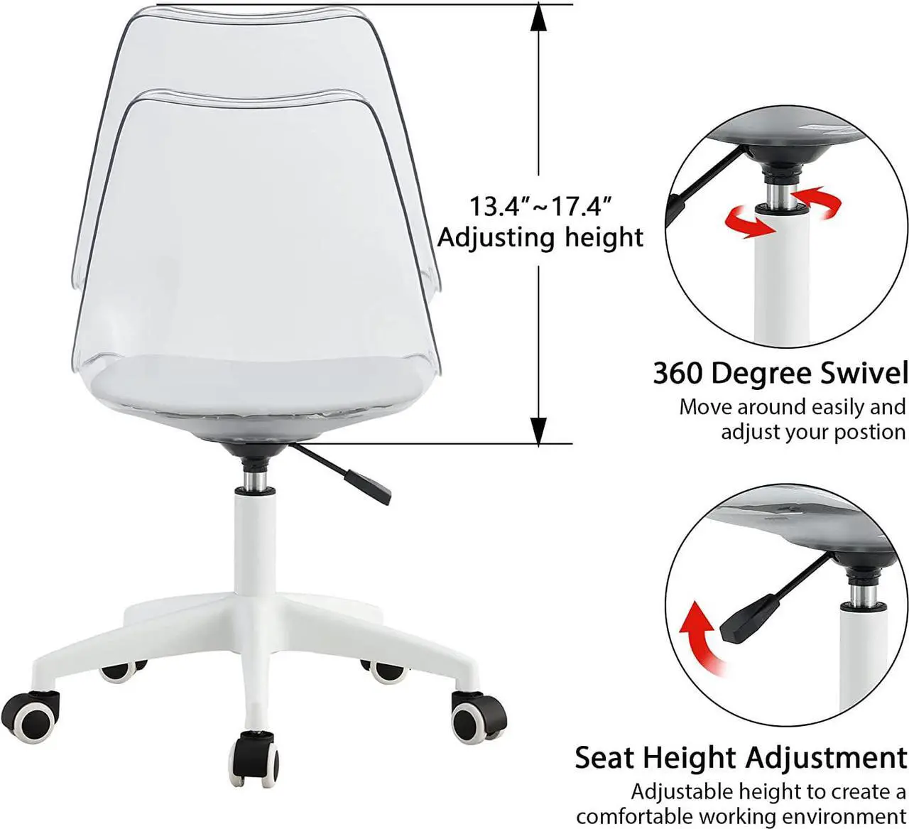 Alt view image 4 of 7 - Acrylic Clear Desk Chair Modern Home Office Ghost Chairs with Wheels Cute Armless Rolling Vanity Plastic Chair with Adjustable Height (Clear)