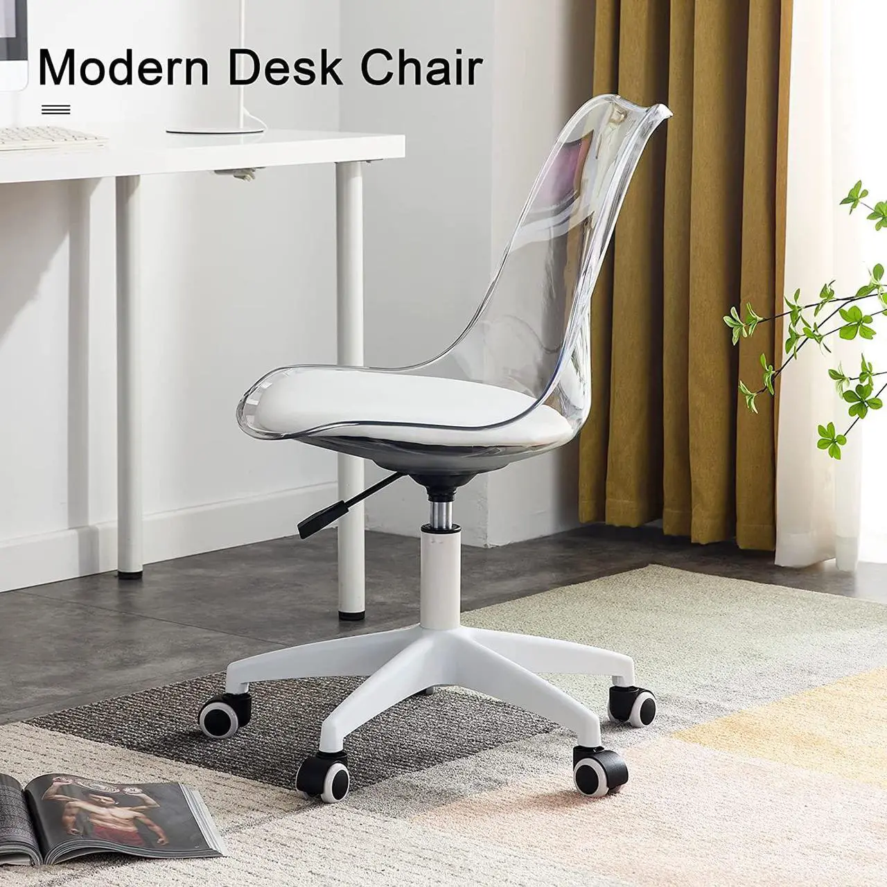 Alt view image 2 of 7 - Acrylic Clear Desk Chair Modern Home Office Ghost Chairs with Wheels Cute Armless Rolling Vanity Plastic Chair with Adjustable Height (Clear)