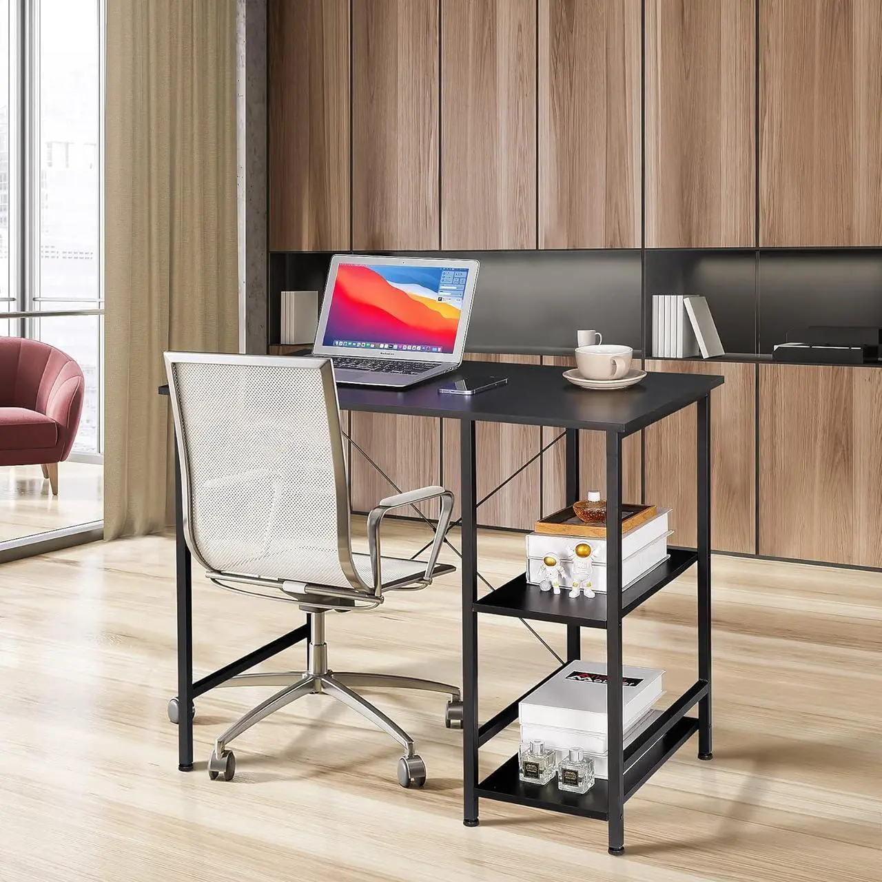 Alt view image 2 of 7 - ZenStyle Small Computer Desk with Storage Shelves Under Desk Reversible, 36Inch Home Office Writing Desk Table with Shelves for Small Place, Black