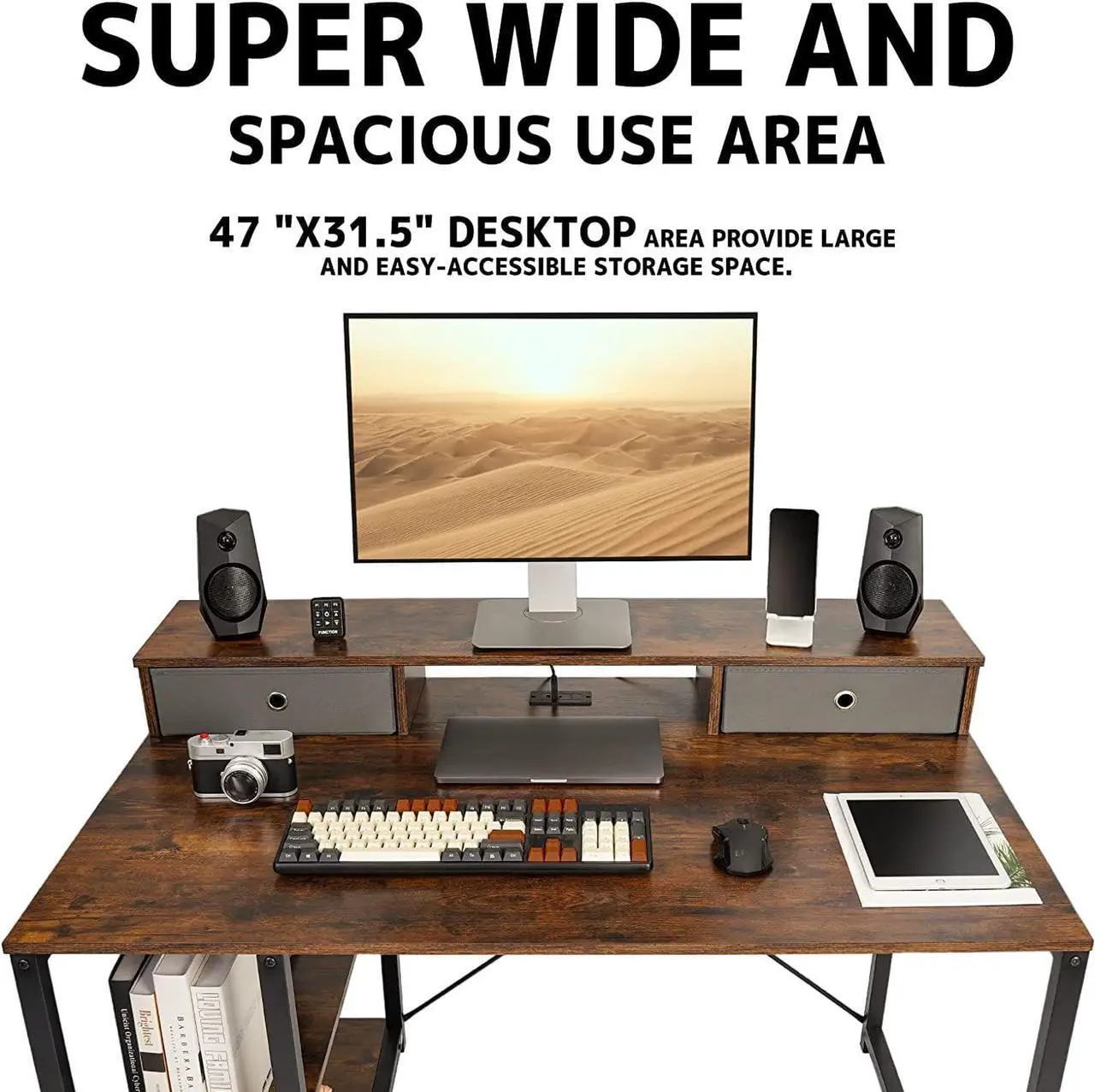 Alt view image 4 of 7 - TOPSKY 47x 31.5 Computer Desk with Drawers, Monitor Stand, Storage Shelf, 3-Port Charging Station (Rustic Brown)