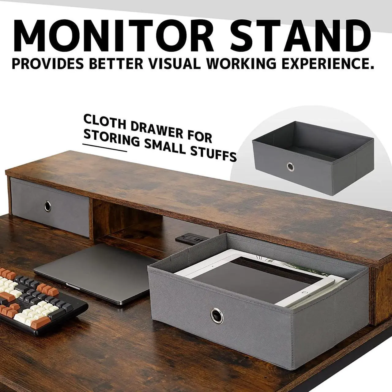 Alt view image 5 of 7 - TOPSKY 47x 31.5 Computer Desk with Drawers, Monitor Stand, Storage Shelf, 3-Port Charging Station (Rustic Brown)