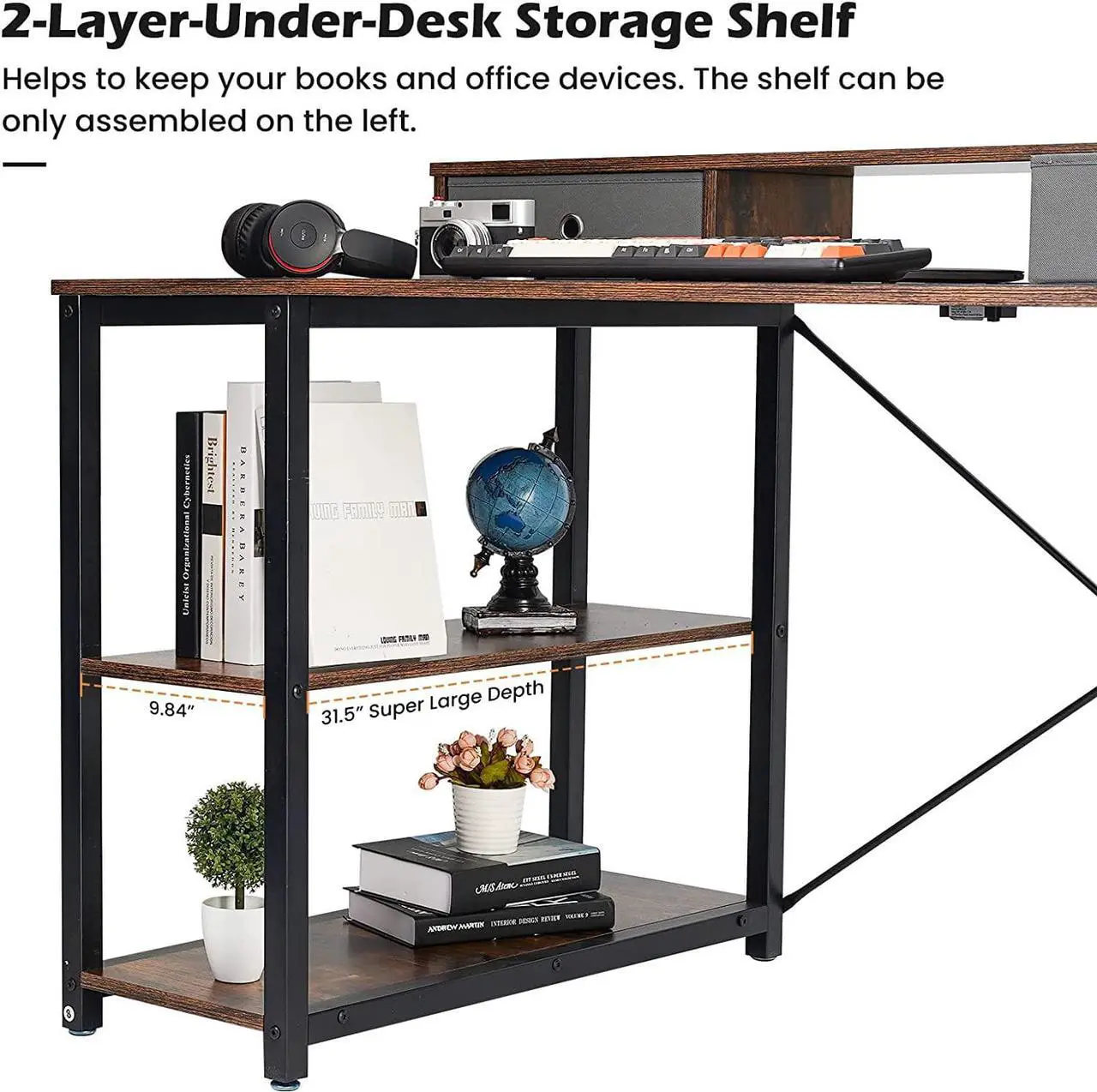 Alt view image 7 of 7 - TOPSKY 47x 31.5 Computer Desk with Drawers, Monitor Stand, Storage Shelf, 3-Port Charging Station (Rustic Brown)