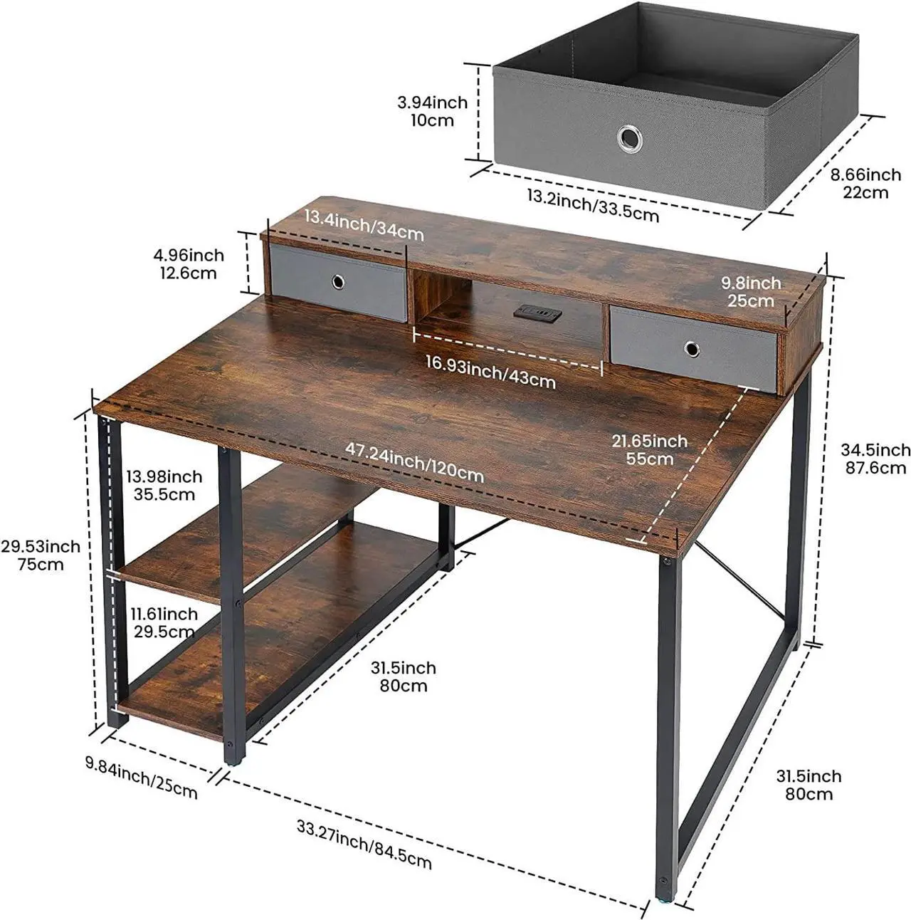 Alt view image 3 of 7 - TOPSKY 47x 31.5 Computer Desk with Drawers, Monitor Stand, Storage Shelf, 3-Port Charging Station (Rustic Brown)