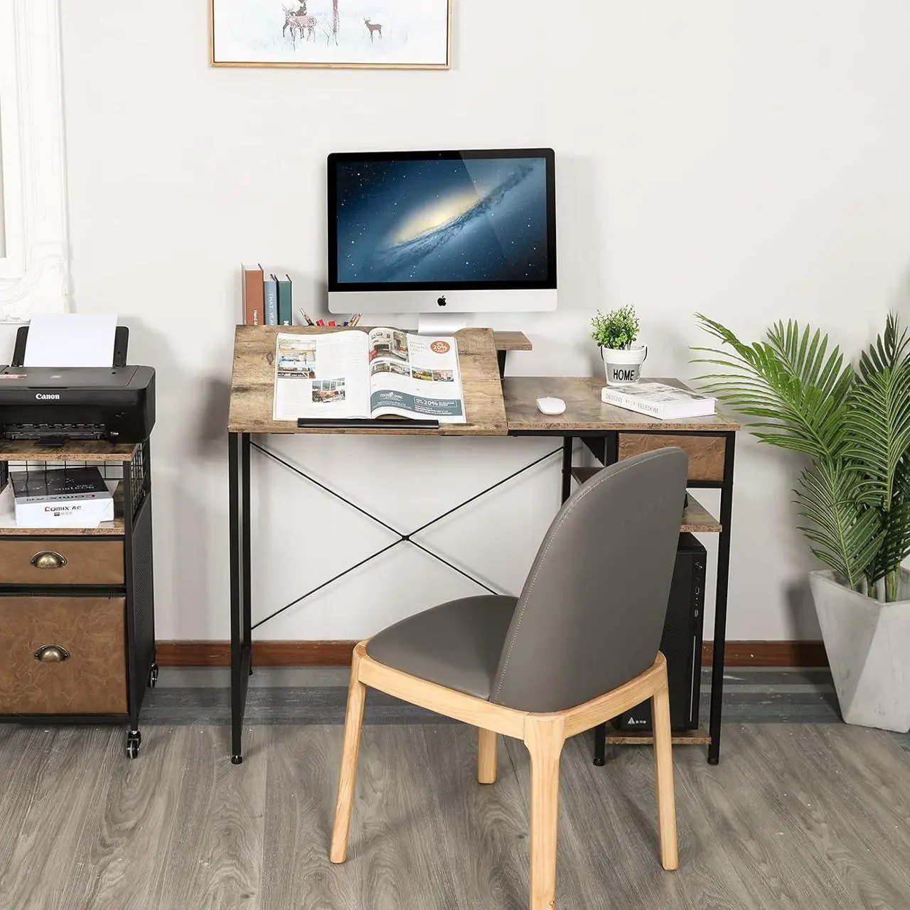Alt view image 5 of 7 - X-cosrack Drafting Table with Storage Shelves & Drawer, 43" Adjustable Art Desk with Monitor Stand for Home Office Computer, Tiltable Draft Drawing Table for Artist, Study, Writing Workstation