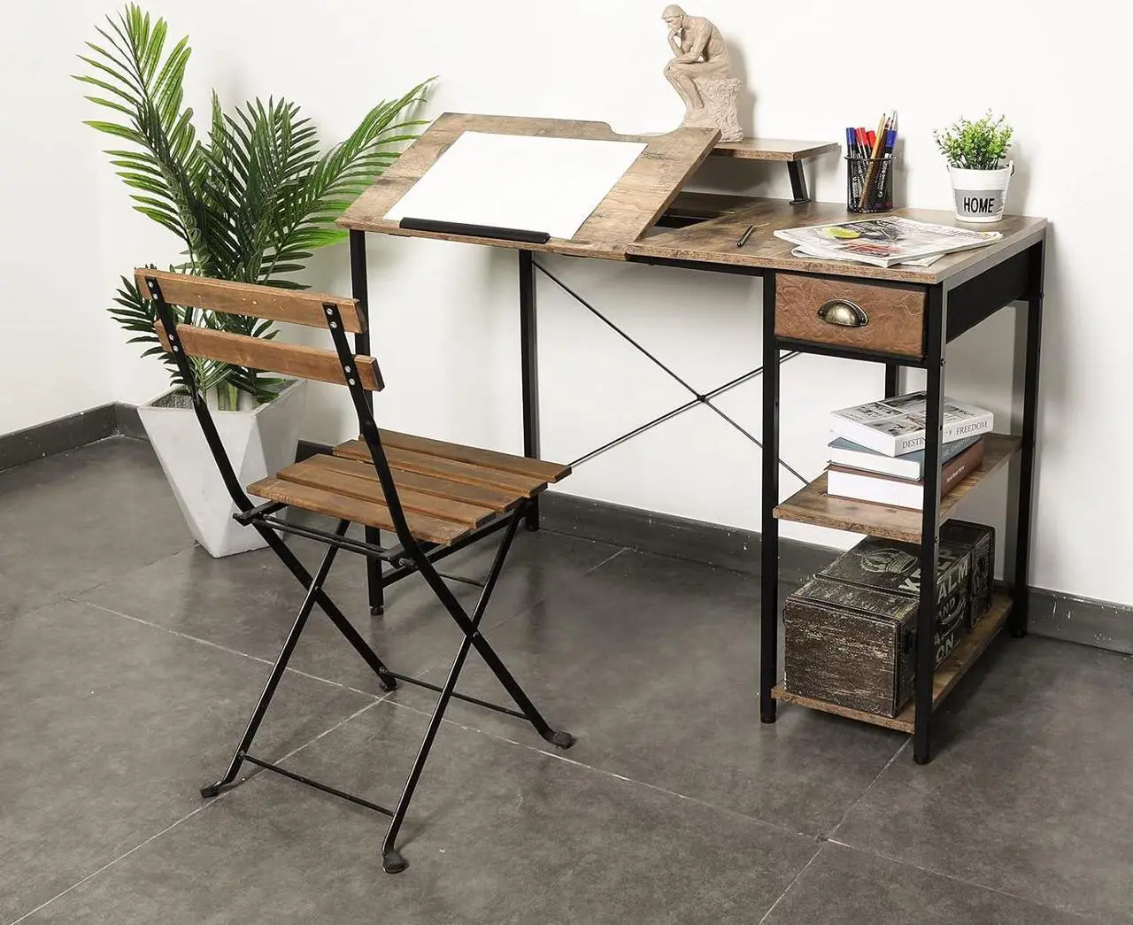 Alt view image 4 of 7 - X-cosrack Drafting Table with Storage Shelves & Drawer, 43" Adjustable Art Desk with Monitor Stand for Home Office Computer, Tiltable Draft Drawing Table for Artist, Study, Writing Workstation