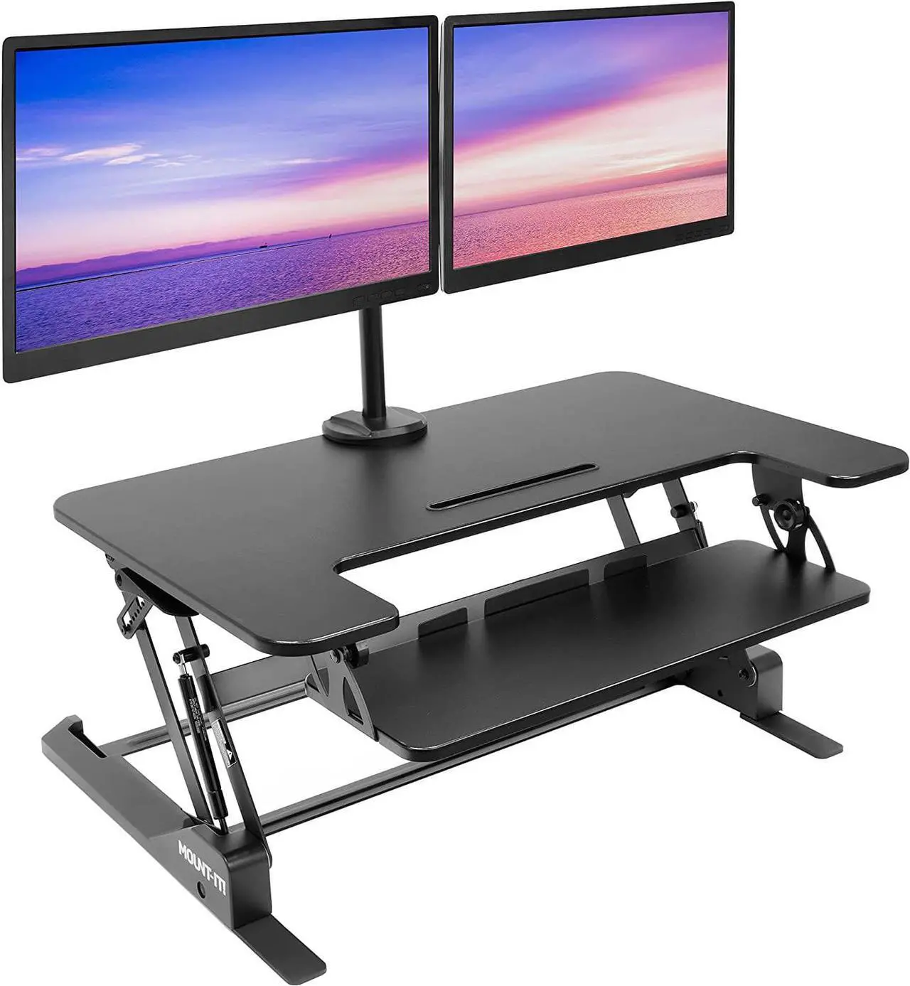 Main image of Mount-It! Standing Desk Converter with Bonus Dual Monitor Mount Included - Height Adjustable Stand Up Desk - Wide 36 Inch Sit Stand Workstation with Gas Spring Lift Black (MI-7934)
