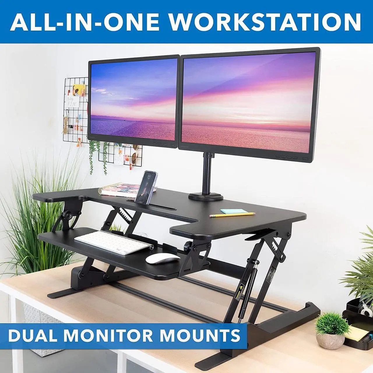 Alt view image 4 of 7 - Mount-It! Standing Desk Converter with Bonus Dual Monitor Mount Included - Height Adjustable Stand Up Desk - Wide 36 Inch Sit Stand Workstation with Gas Spring Lift Black (MI-7934)
