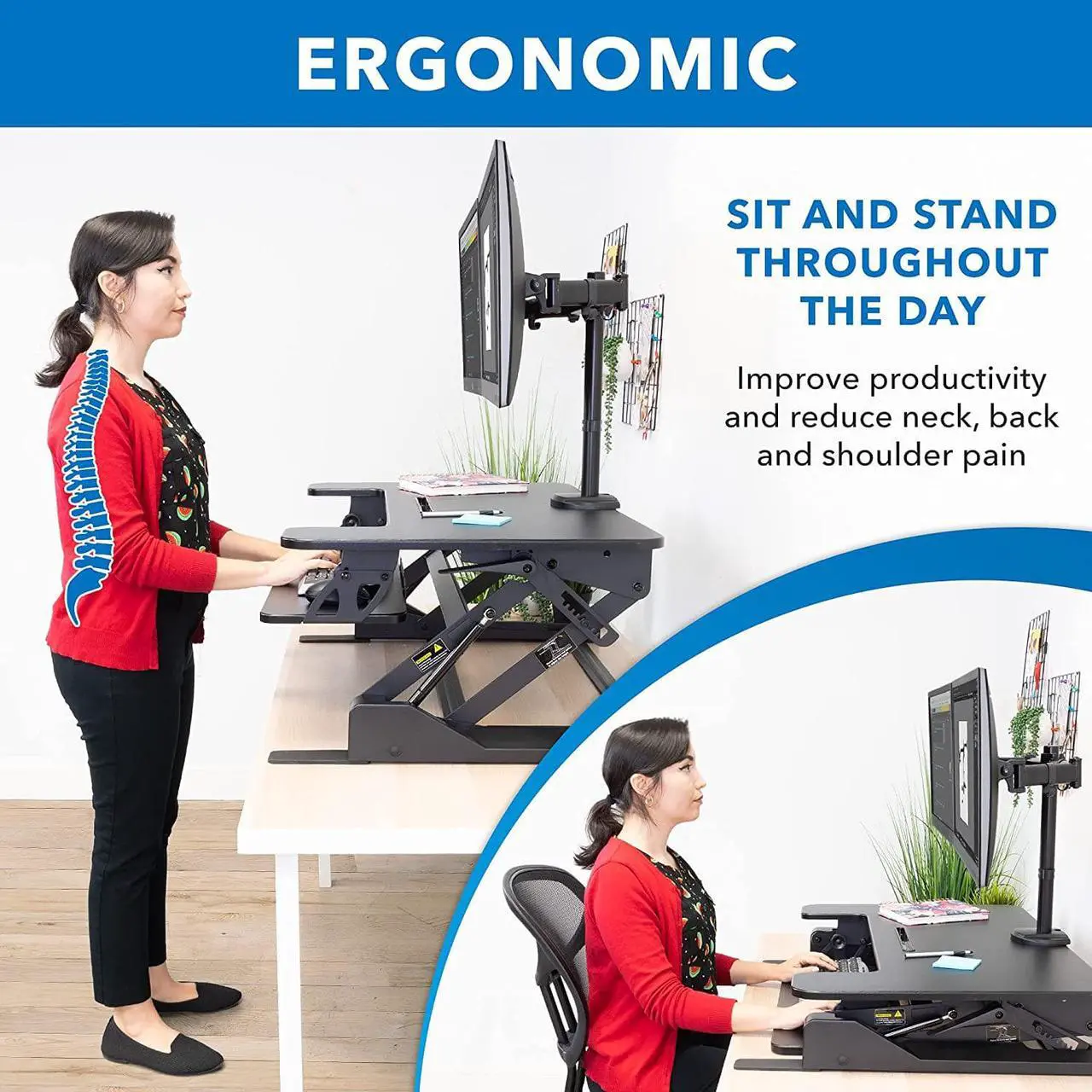 Alt view image 2 of 7 - Mount-It! Standing Desk Converter with Bonus Dual Monitor Mount Included - Height Adjustable Stand Up Desk - Wide 36 Inch Sit Stand Workstation with Gas Spring Lift Black (MI-7934)