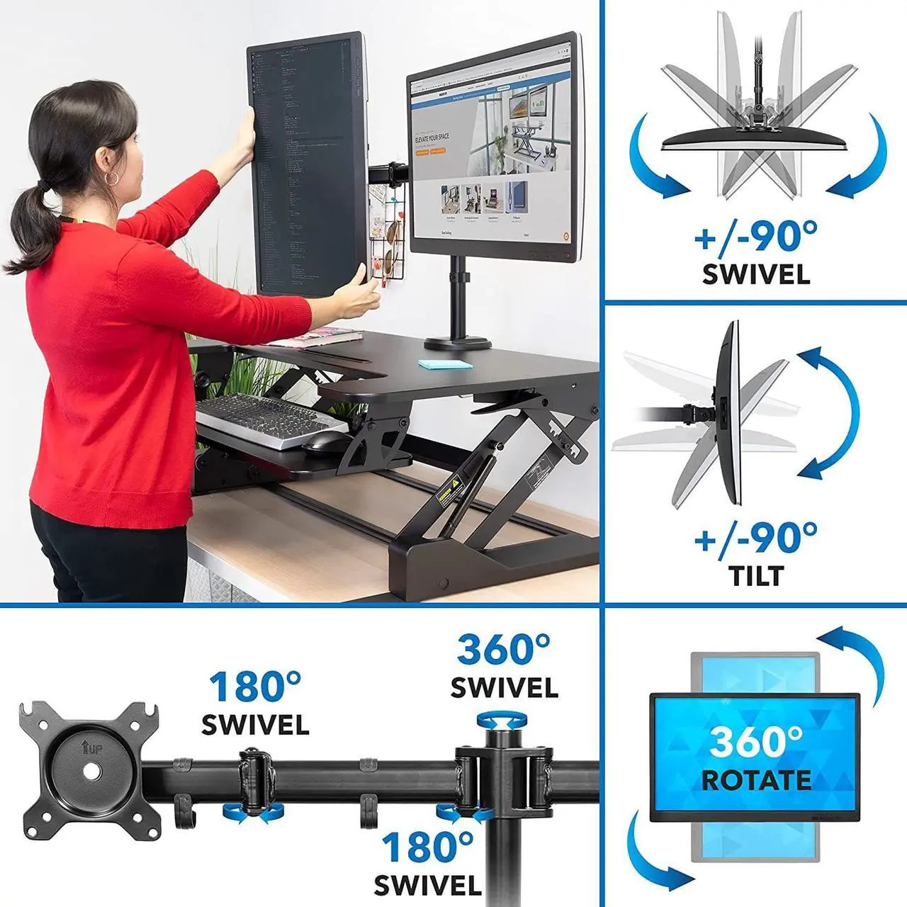 Alt view image 6 of 7 - Mount-It! Standing Desk Converter with Bonus Dual Monitor Mount Included - Height Adjustable Stand Up Desk - Wide 36 Inch Sit Stand Workstation with Gas Spring Lift Black (MI-7934)