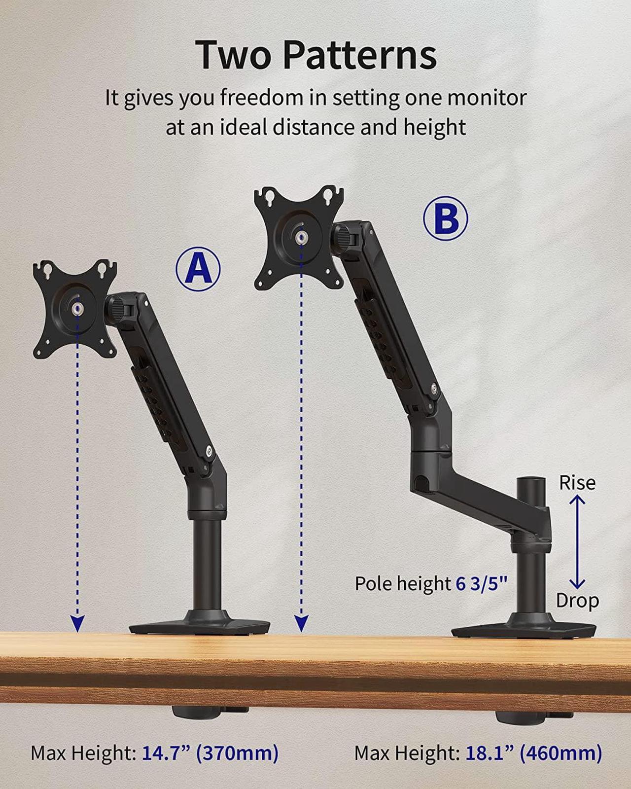 Alt view image 4 of 7 - Single Monitor Mount - Single Monitor Arm Desk Mount, Fully Adjustable Computer Monitor Arm with VESA Mount | Fits 13-40" Flat/Curved Monitors within 25 lbs | - Black