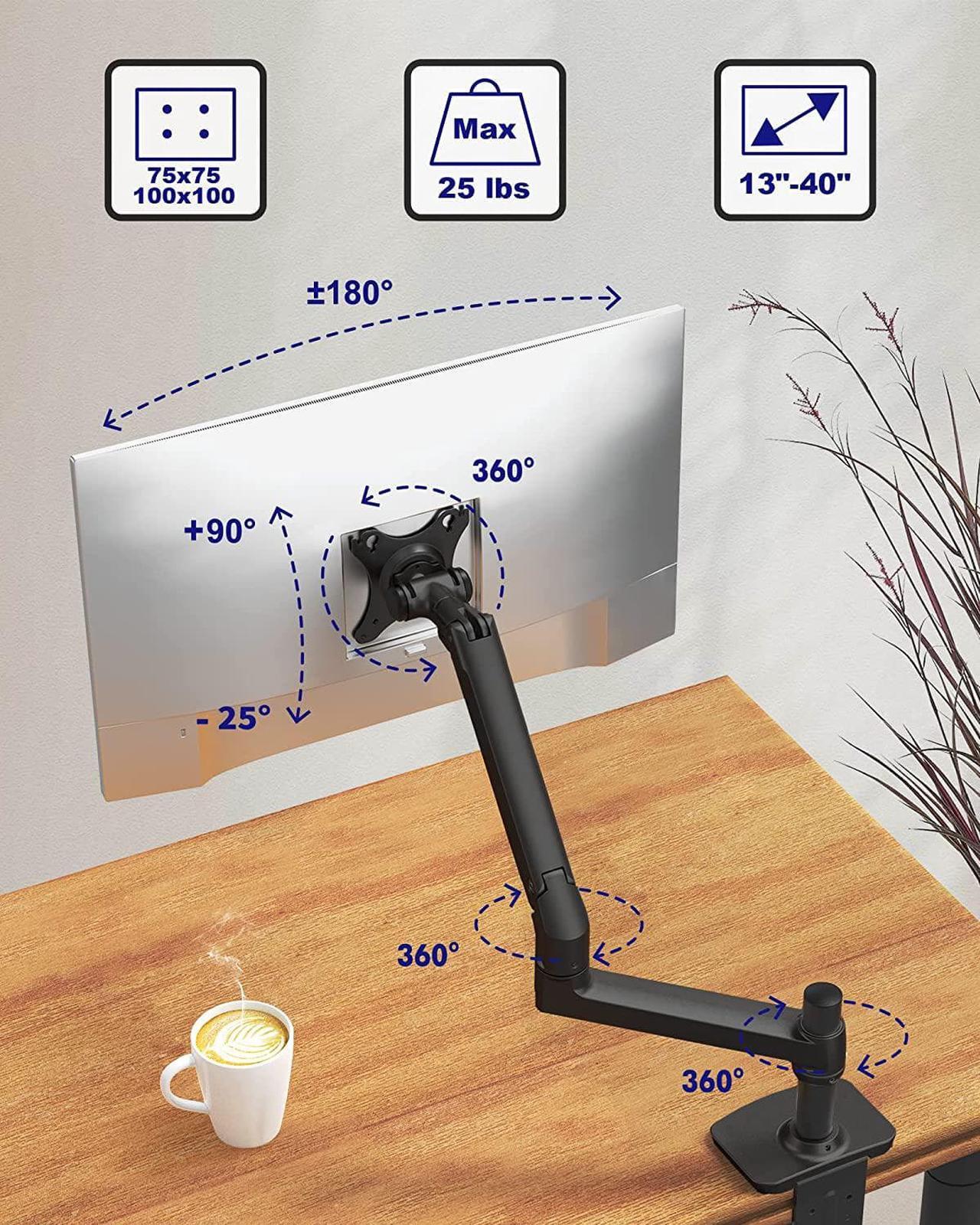Alt view image 2 of 7 - Single Monitor Mount - Single Monitor Arm Desk Mount, Fully Adjustable Computer Monitor Arm with VESA Mount | Fits 13-40" Flat/Curved Monitors within 25 lbs | - Black