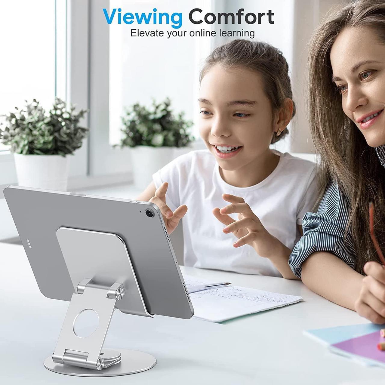 Alt view image 5 of 7 - OMOTON Swivel Tablet Stand for iPad with 360 Rotating Base, Foldable Adjustable Holder for Drawing, Compatible with iPad Pro/Air/Mini and More, Silver