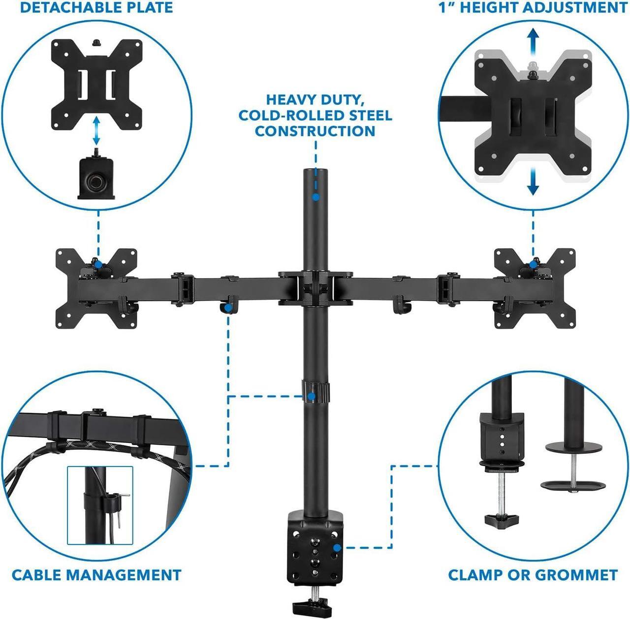 Alt view image 5 of 7 - Mount-It! Dual Monitor Mount | Double Monitor Desk Stand | Two Heavy Duty Full Motion Adjustable Arms Fit 2 Computer Screens 17 19 20 21 22 24 27 Inch | VESA 75 100 | C-Clamp and Grommet Base