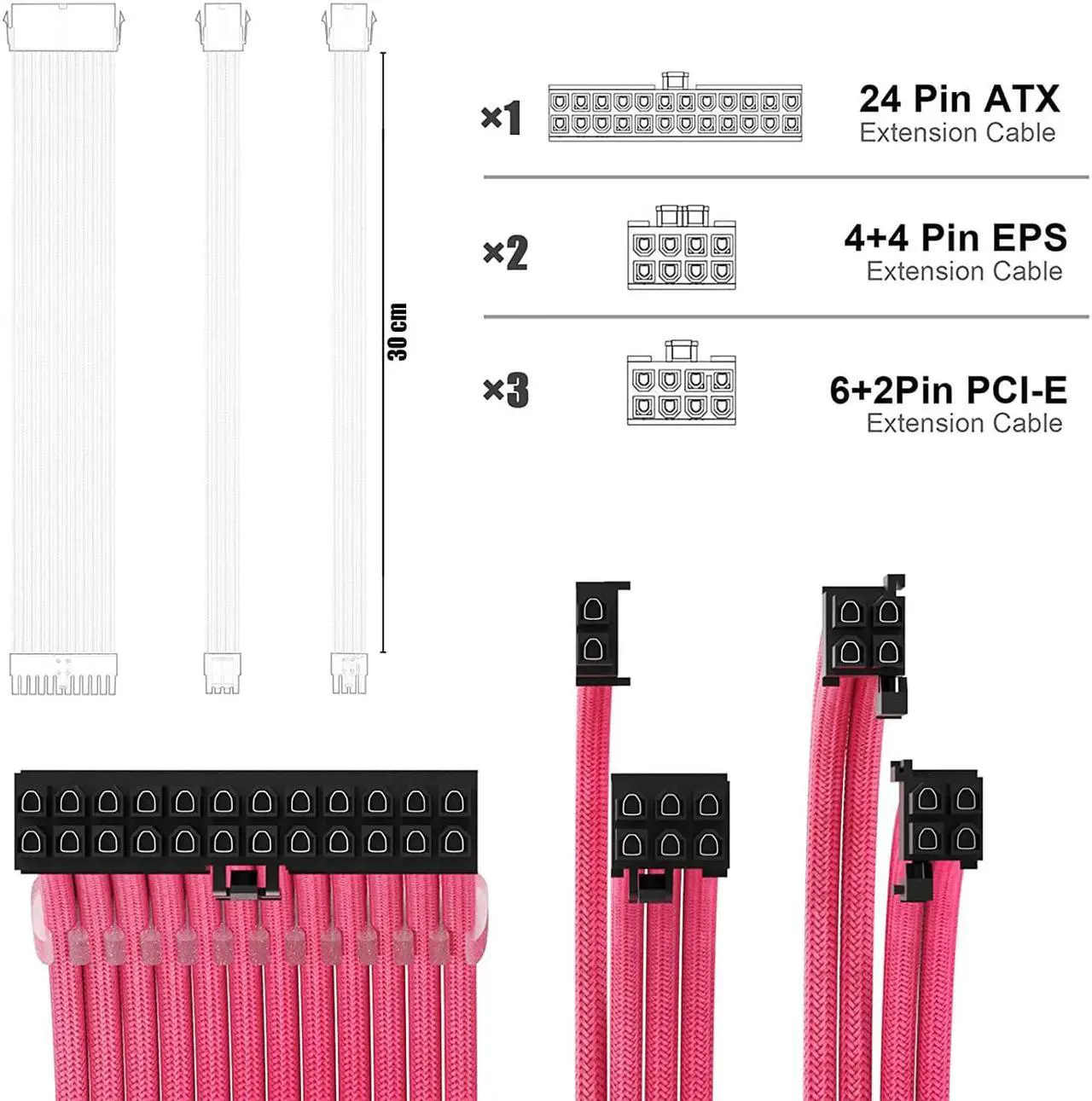 Alt view image 3 of 6 - ABNO1 PSU Cable Extension Kit 30CM Length with Two Sets of Cable Combs,1x24Pin/2x8Pin(4+4)/3x8Pin(6P+2P) PC Sleeved Cable for ATX Power Supply (Pink) (A-11)