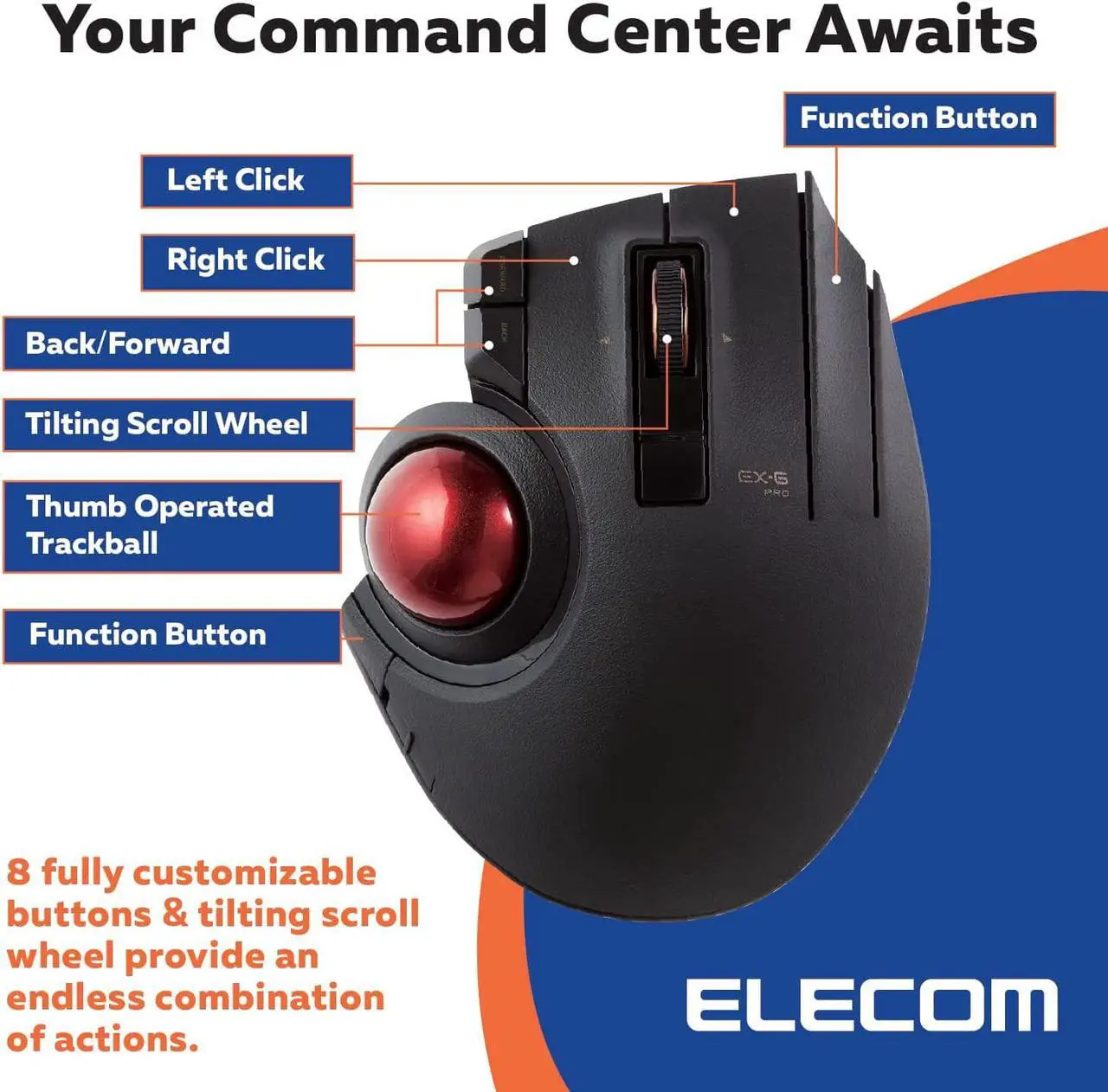 Alt view image 6 of 7 - ELECOM EX-G Pro Trackball Mouse, Wired, Wireless, Bluetooth, 3 Types Connection, Thumb Control, 8-Button Function, Ergonomic Design, 34 Smooth Red Ball, Windows11, macOS (M-XPT1MRXBK)