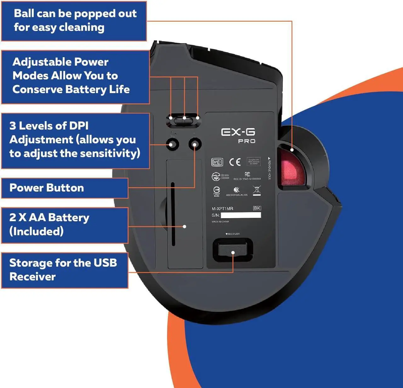 Alt view image 7 of 7 - ELECOM EX-G Pro Trackball Mouse, Wired, Wireless, Bluetooth, 3 Types Connection, Thumb Control, 8-Button Function, Ergonomic Design, 34 Smooth Red Ball, Windows11, macOS (M-XPT1MRXBK)