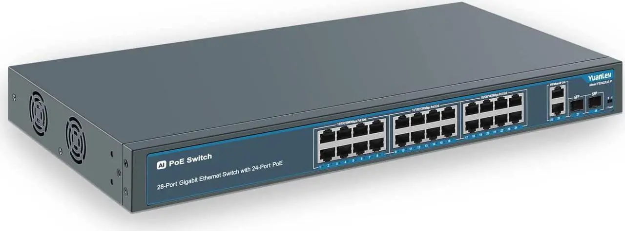 Main image of 24 Port Gigabit Ethernet PoE Switch with 2 Uplink Gigabit Port & 2 SFP Port, YuanLey Unmanaged 24 Port PoE+ Network Switch, Rackmout, Build in 400W Power, Support 802.3af/at, Plug and Play