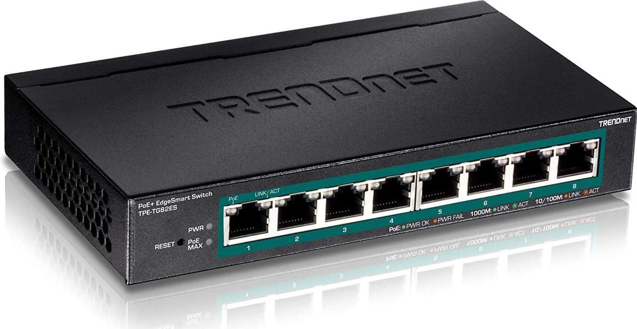 Main image of TRENDnet 8-Port Gigabit EdgeSmart PoE+ Switch, 8 x Gigabit PoE+ Ports, 64W PoE Power Budget, Managed PoE+ Switch, Wall Mountable, Desktop Ethernet Switch, Lifetime Protection, Black, TPE-TG82ES