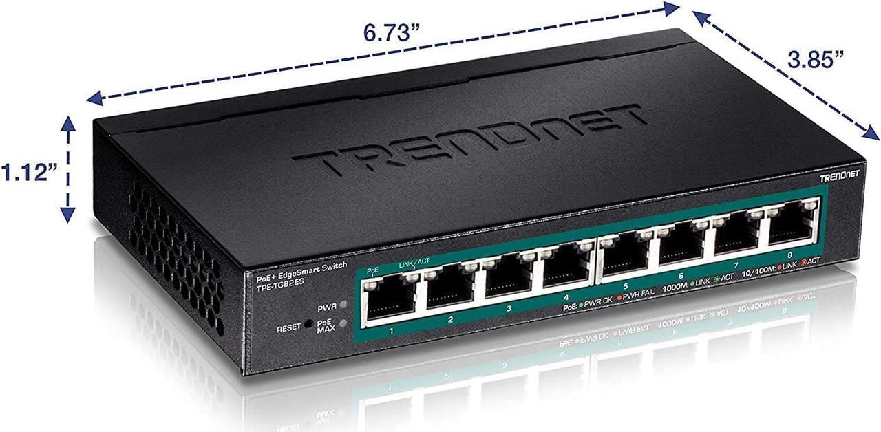 Alt view image 6 of 7 - TRENDnet 8-Port Gigabit EdgeSmart PoE+ Switch, 8 x Gigabit PoE+ Ports, 64W PoE Power Budget, Managed PoE+ Switch, Wall Mountable, Desktop Ethernet Switch, Lifetime Protection, Black, TPE-TG82ES