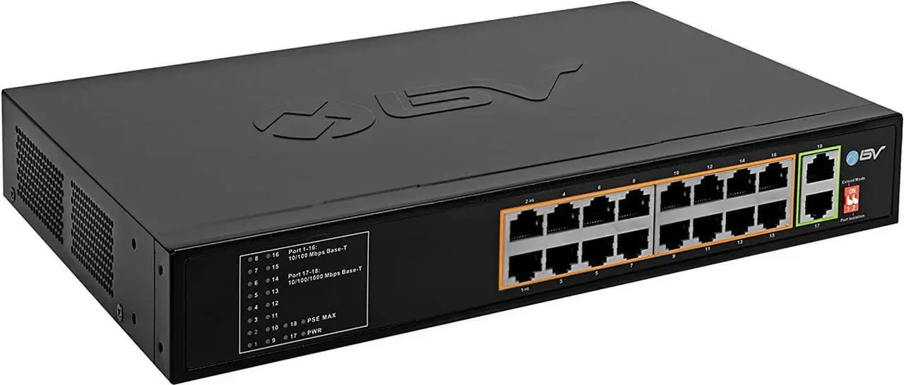 Main image of BV-Tech 18 Ports Long Range PoE+ Switch (16 PoE+ Ports | 2 Gigabit Ethernet uplink) - 19" Rackmount - 135W - 802.3af/at -Desktop Design for Easy Set Up