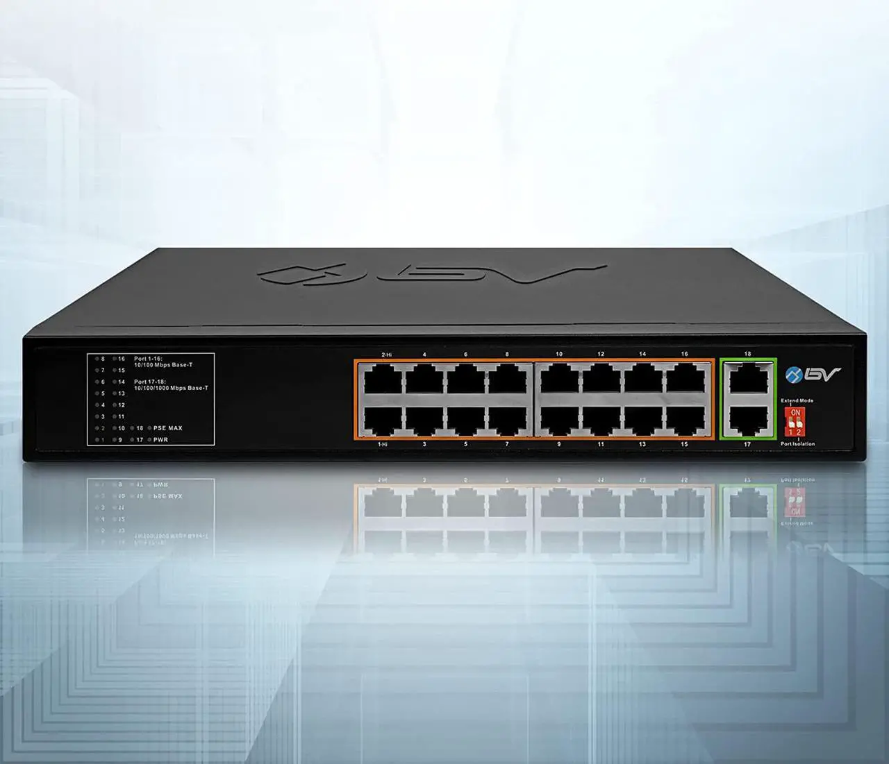 Alt view image 2 of 7 - BV-Tech 18 Ports Long Range PoE+ Switch (16 PoE+ Ports | 2 Gigabit Ethernet uplink) - 19" Rackmount - 135W - 802.3af/at -Desktop Design for Easy Set Up