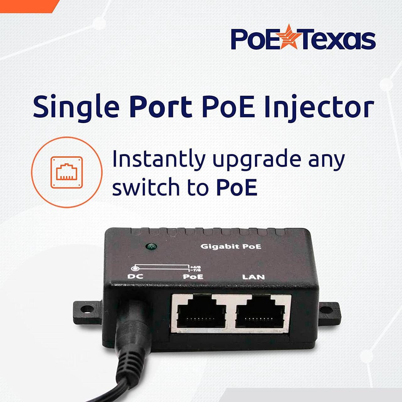 Alt view image 2 of 6 - Poe Texas PoE Injector - Single Port Power Over Ethernet Passive PoE Adapter - 10/100/1000 Gigabit Data - Includes 48V 15W Power Supply - Wall Mounting Plug & Play for Home Office, VoIP Phone, WiFi AP