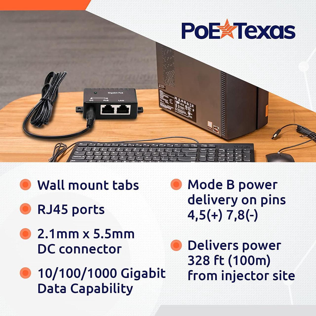 Alt view image 3 of 6 - Poe Texas PoE Injector - Single Port Power Over Ethernet Passive PoE Adapter - 10/100/1000 Gigabit Data - Includes 48V 15W Power Supply - Wall Mounting Plug & Play for Home Office, VoIP Phone, WiFi AP
