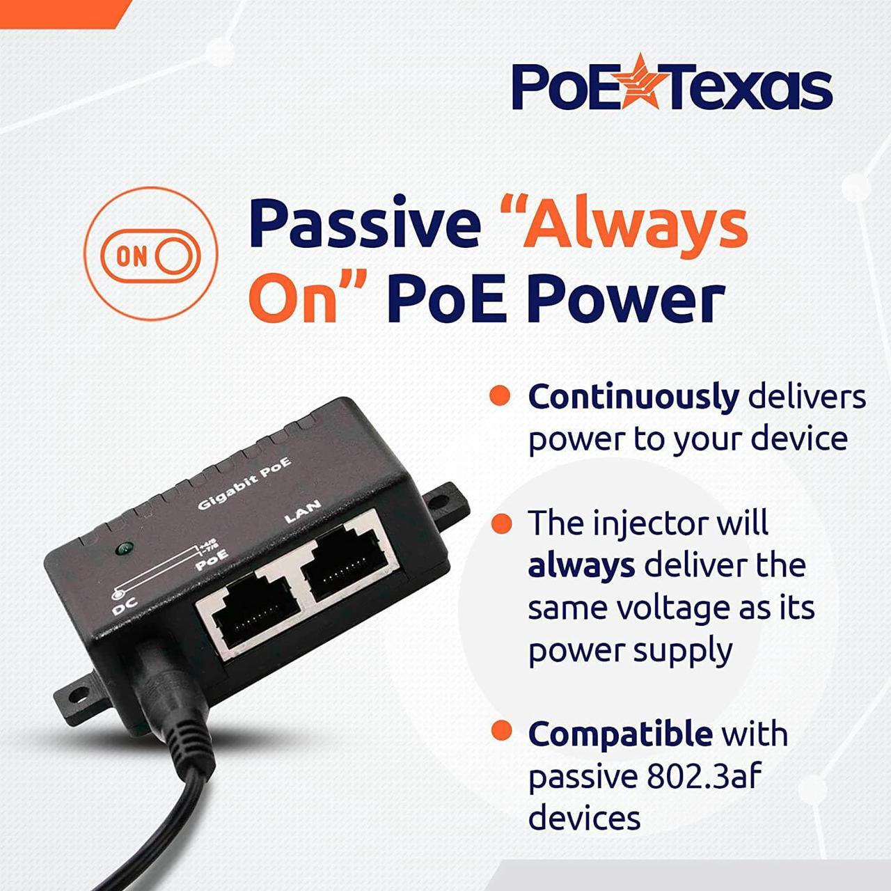 Alt view image 6 of 6 - Poe Texas PoE Injector - Single Port Power Over Ethernet Passive PoE Adapter - 10/100/1000 Gigabit Data - Includes 48V 15W Power Supply - Wall Mounting Plug & Play for Home Office, VoIP Phone, WiFi AP