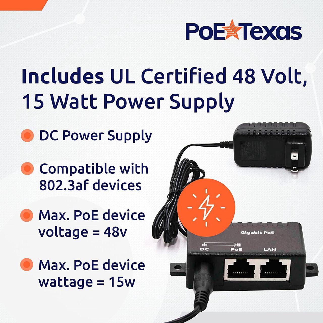 Alt view image 5 of 6 - Poe Texas PoE Injector - Single Port Power Over Ethernet Passive PoE Adapter - 10/100/1000 Gigabit Data - Includes 48V 15W Power Supply - Wall Mounting Plug & Play for Home Office, VoIP Phone, WiFi AP