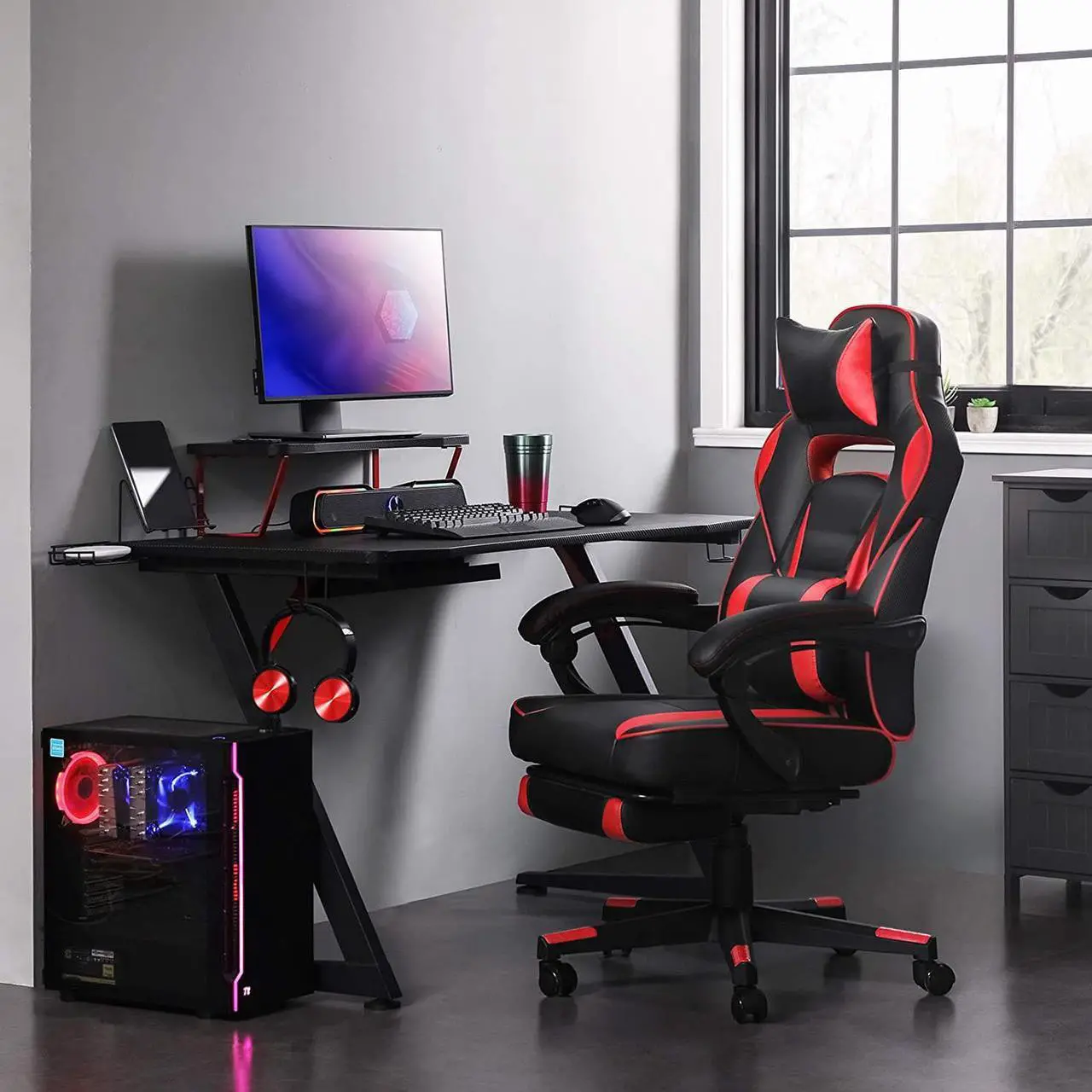Alt view image 2 of 7 - SONGMICS Racing Gaming Chair, Adjustable Ergonomic Office Chair with Footrest, Tilt Mechanism, Lumbar Support, 330 lb Load, Black and Red UOBG073B01