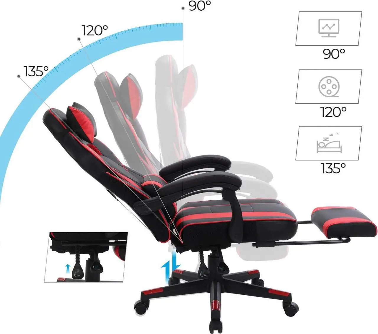 Alt view image 4 of 7 - SONGMICS Racing Gaming Chair, Adjustable Ergonomic Office Chair with Footrest, Tilt Mechanism, Lumbar Support, 330 lb Load, Black and Red UOBG073B01